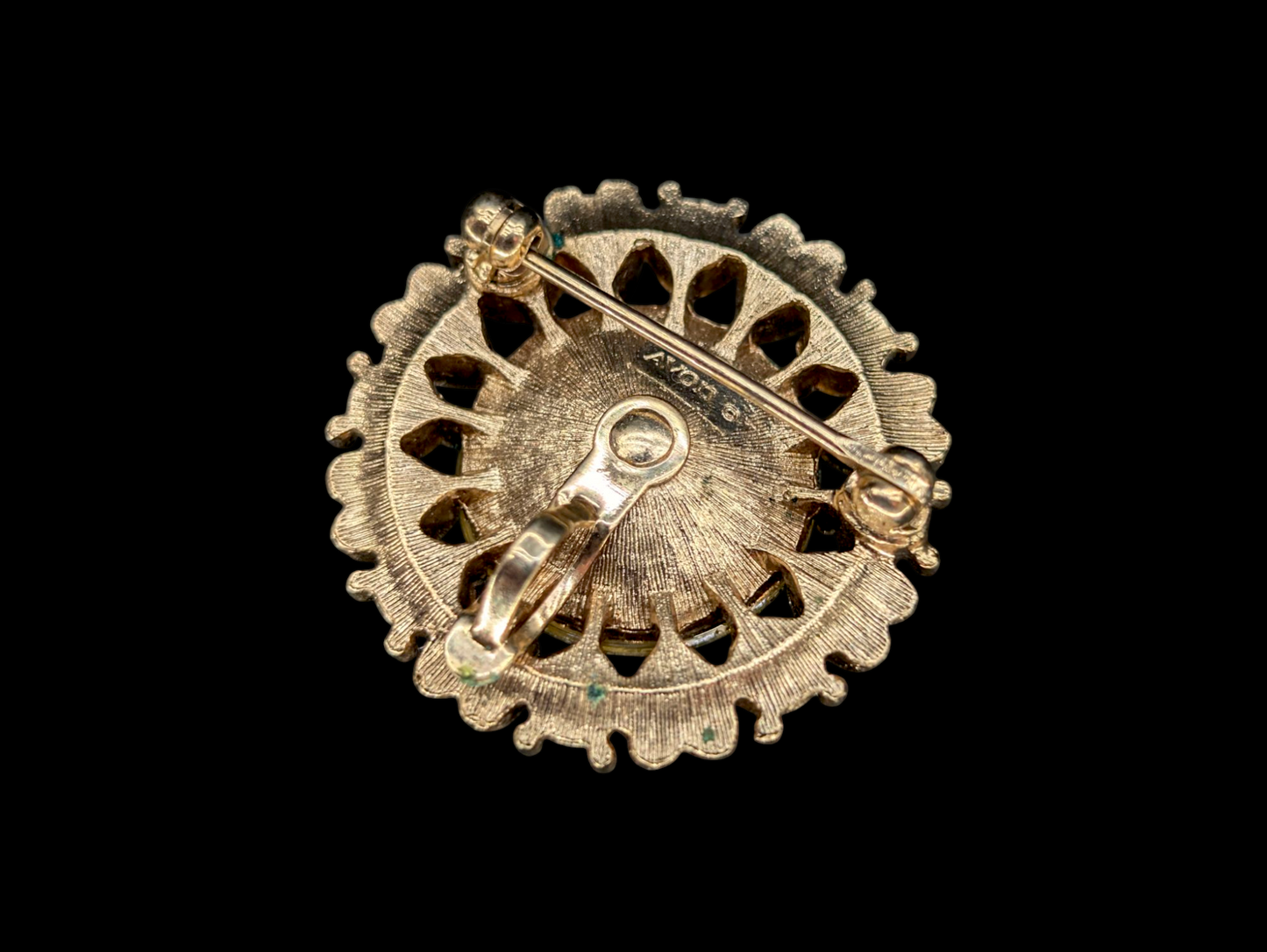 Vintage Green Simulated Peridot Gold Toned Petal Flower Avon Brooch Pin