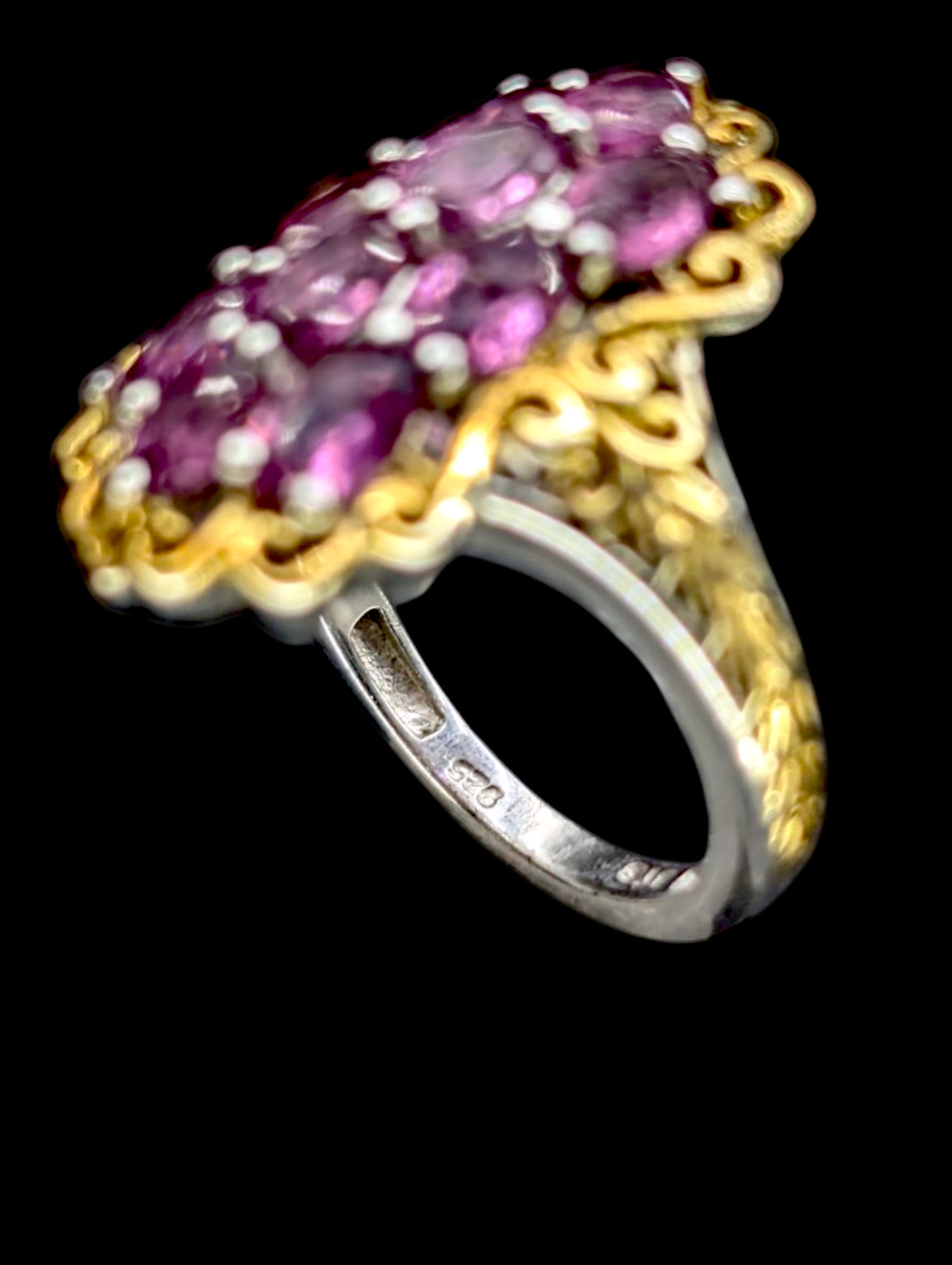 Vintage 3.5 Carat Genuine Amethyst Cluster 14k Yellow Gold Filigree and Sterling Silver Ring