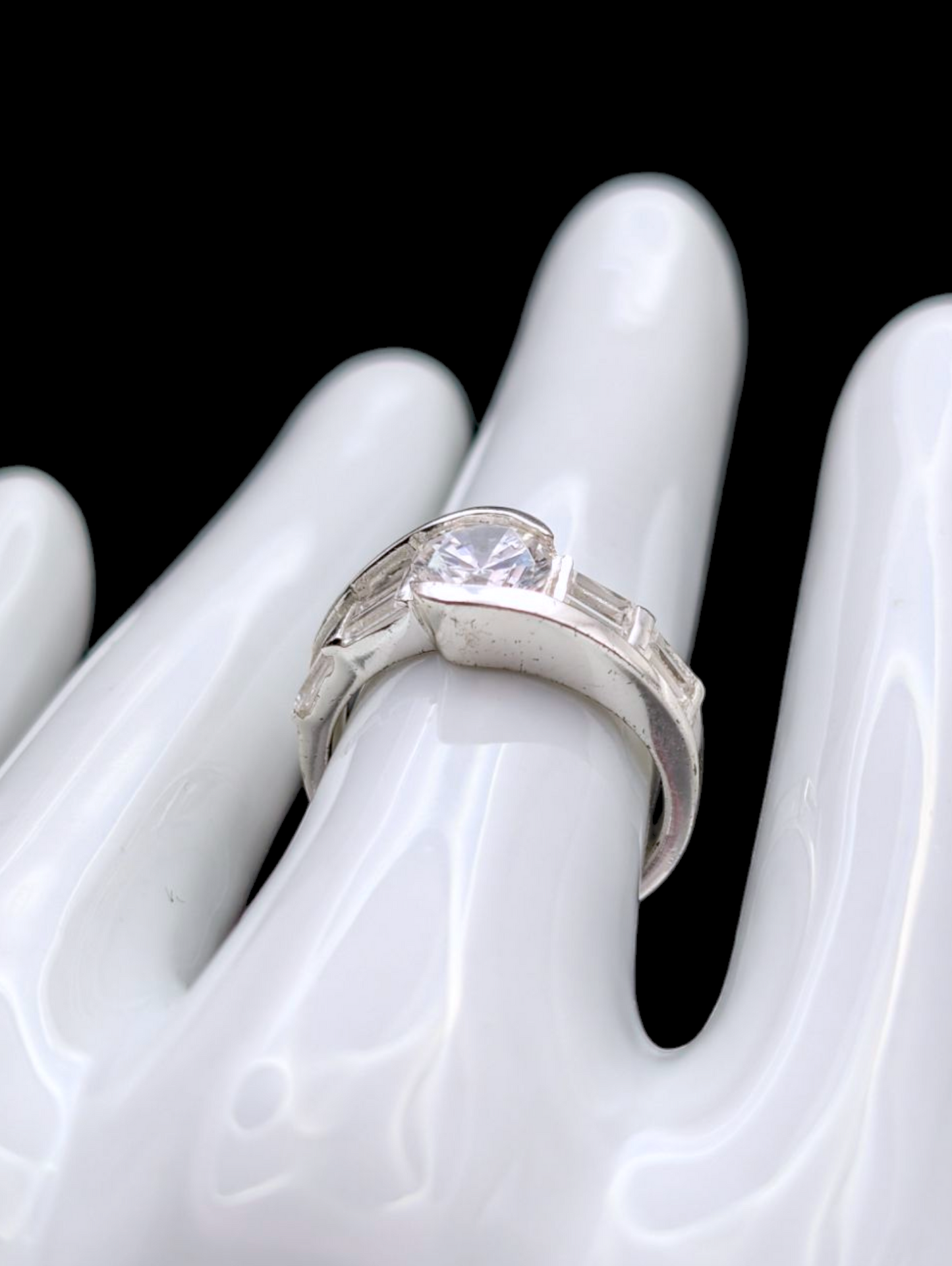 Vintage Bypass Semi-Bezel Set Simulated Diamond Baguette and Round Cut in Sterling Silver Statement Ring