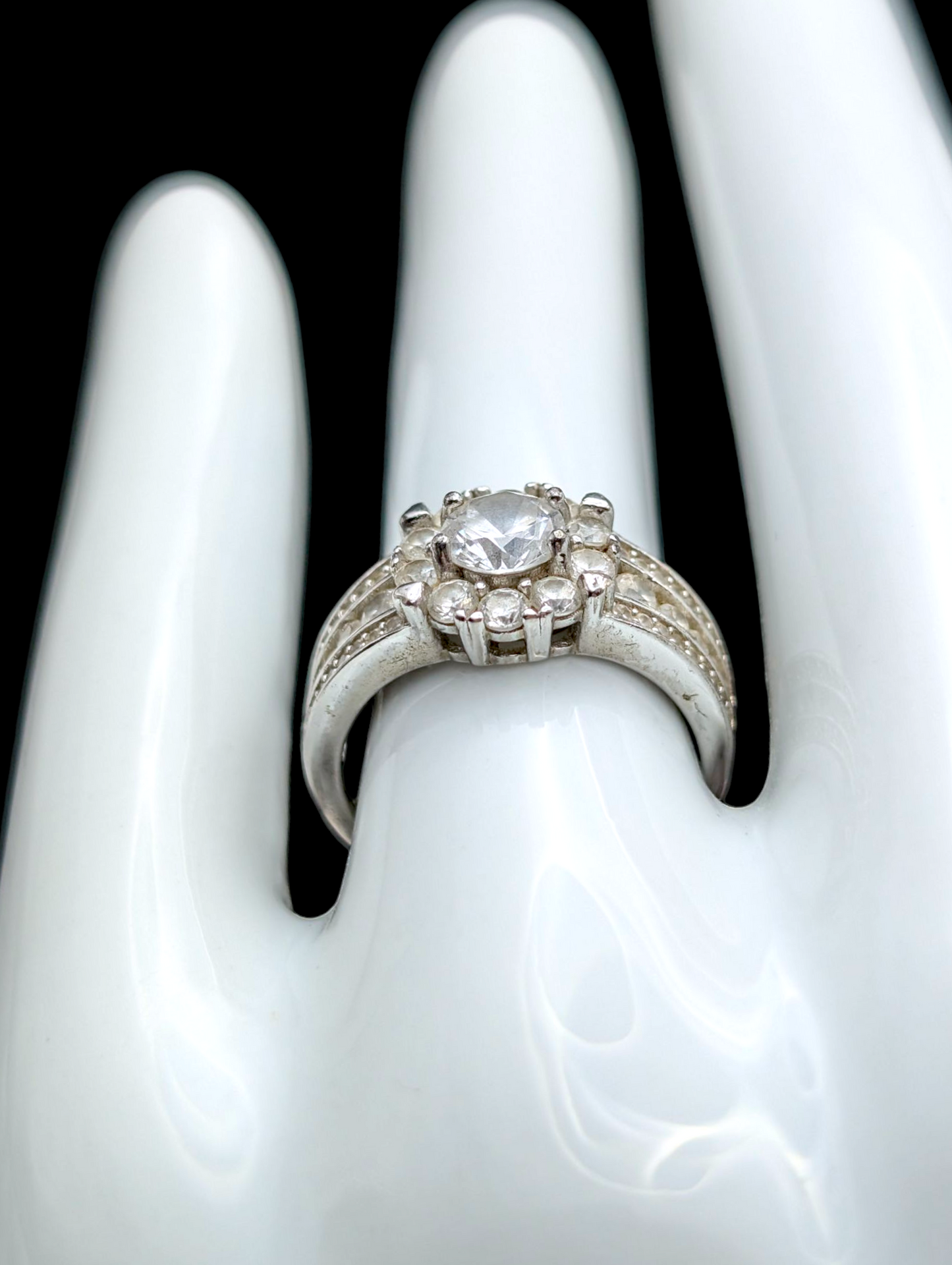 Vintage Edwardian Inspired Flower Cluster Simulated Diamond Sterling Silver Vacation Ring