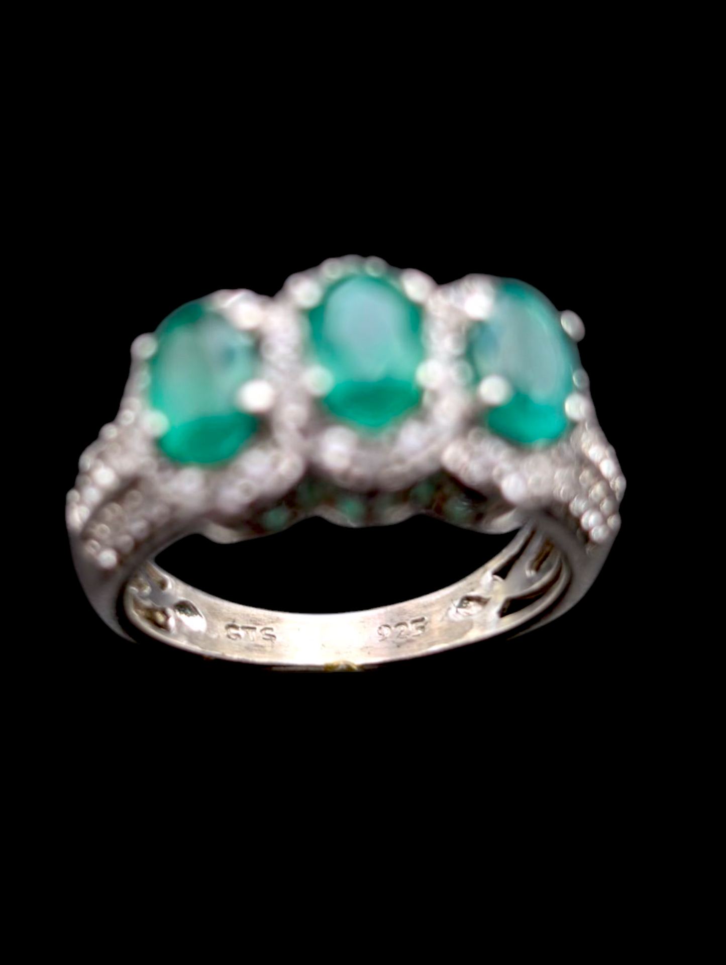 Vintage 3 Stone Earth Mined Genuine Emerald and White Topaz Sterling Silver Ring