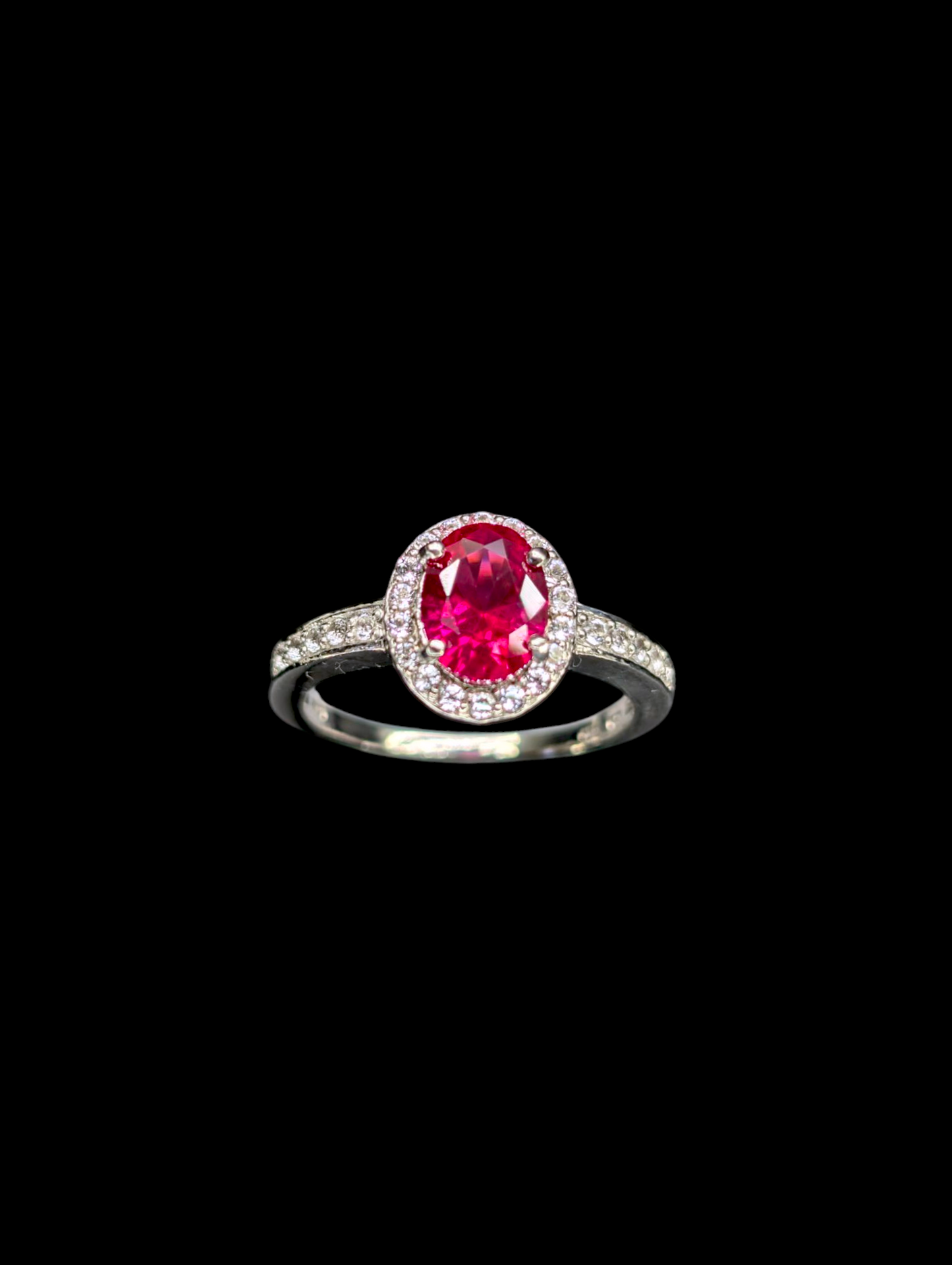 Vintage Oval Cut Genuine Ruby Solitaire and White Topaz Halo Sterling Silver Ring