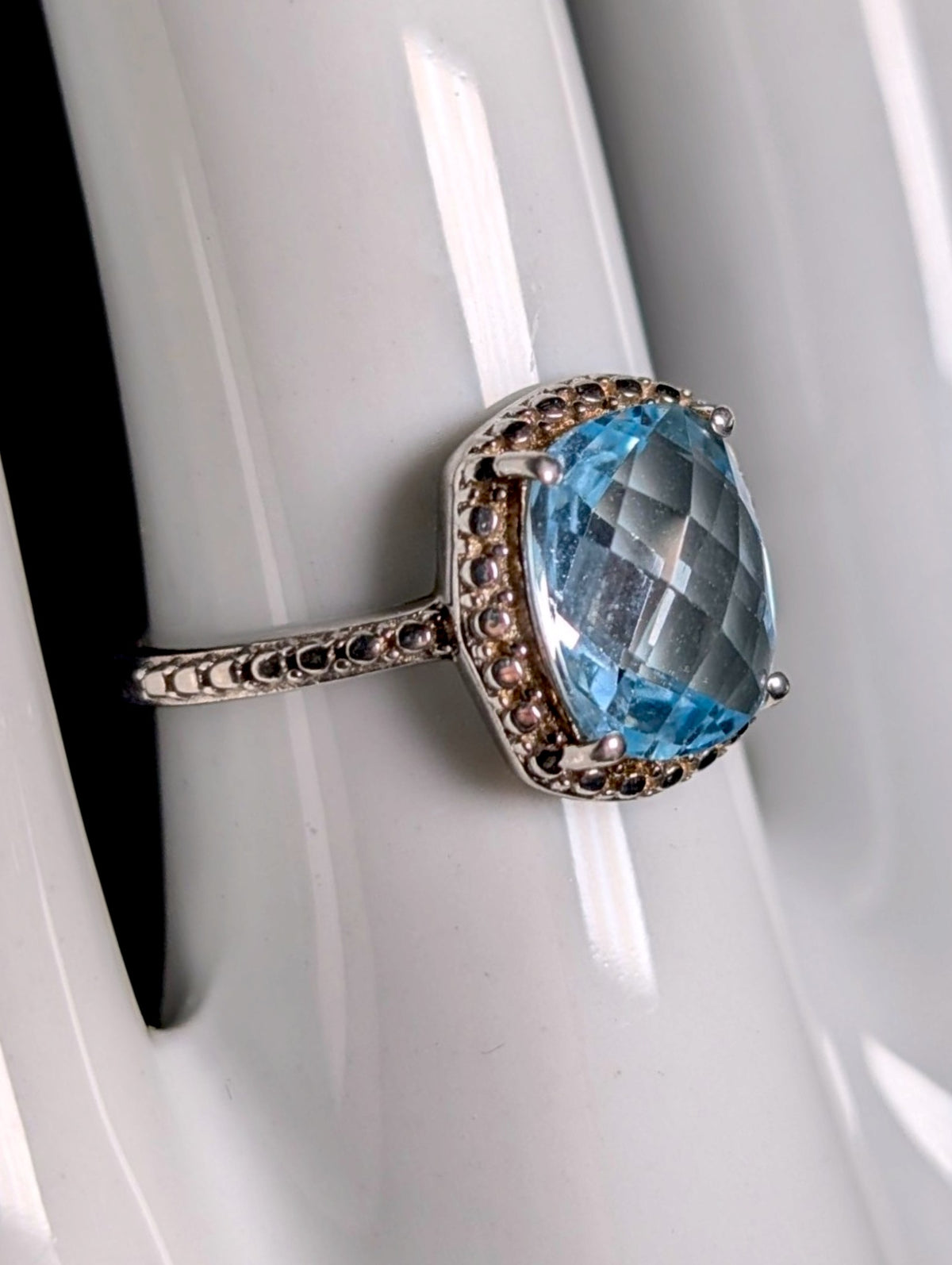Vintage Checkerboard Cut Genuine Blue Topaz Solitaire Sterling Silver Ring