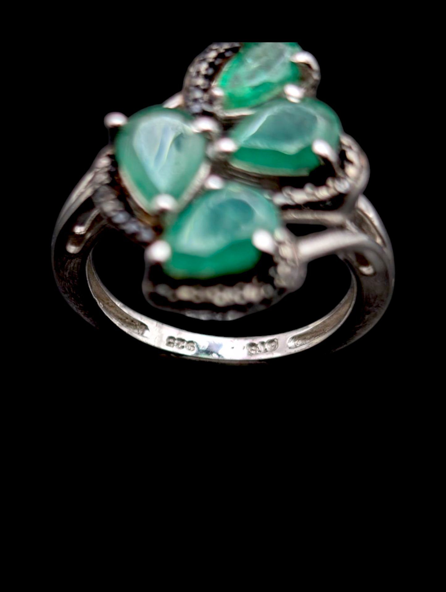 Vintage 4 Stone Pear Cut Earth Mined Genuine Emerald and Black Rhodium over Sterling Silver Ring