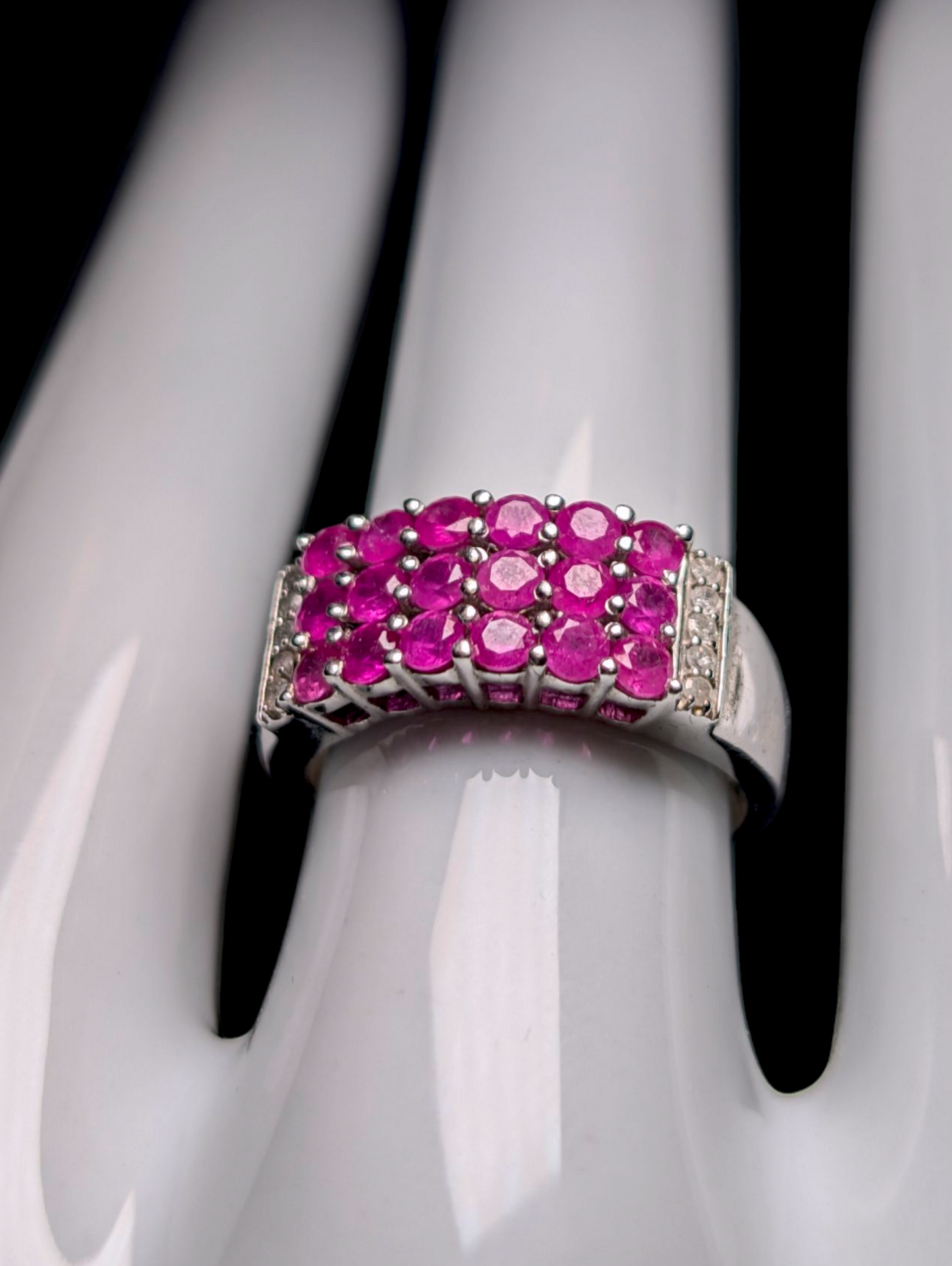 Vintage Three Row Genuine Ruby and Diamond Accent Sterling Silver Cocktail Statement Ring