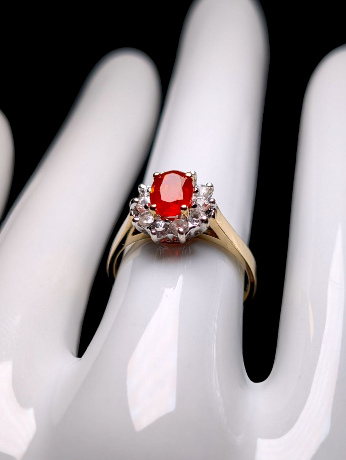 Vintage 14K Gold Genuine Cherry Fire Opal Solitaire and White Topaz Halo Ring