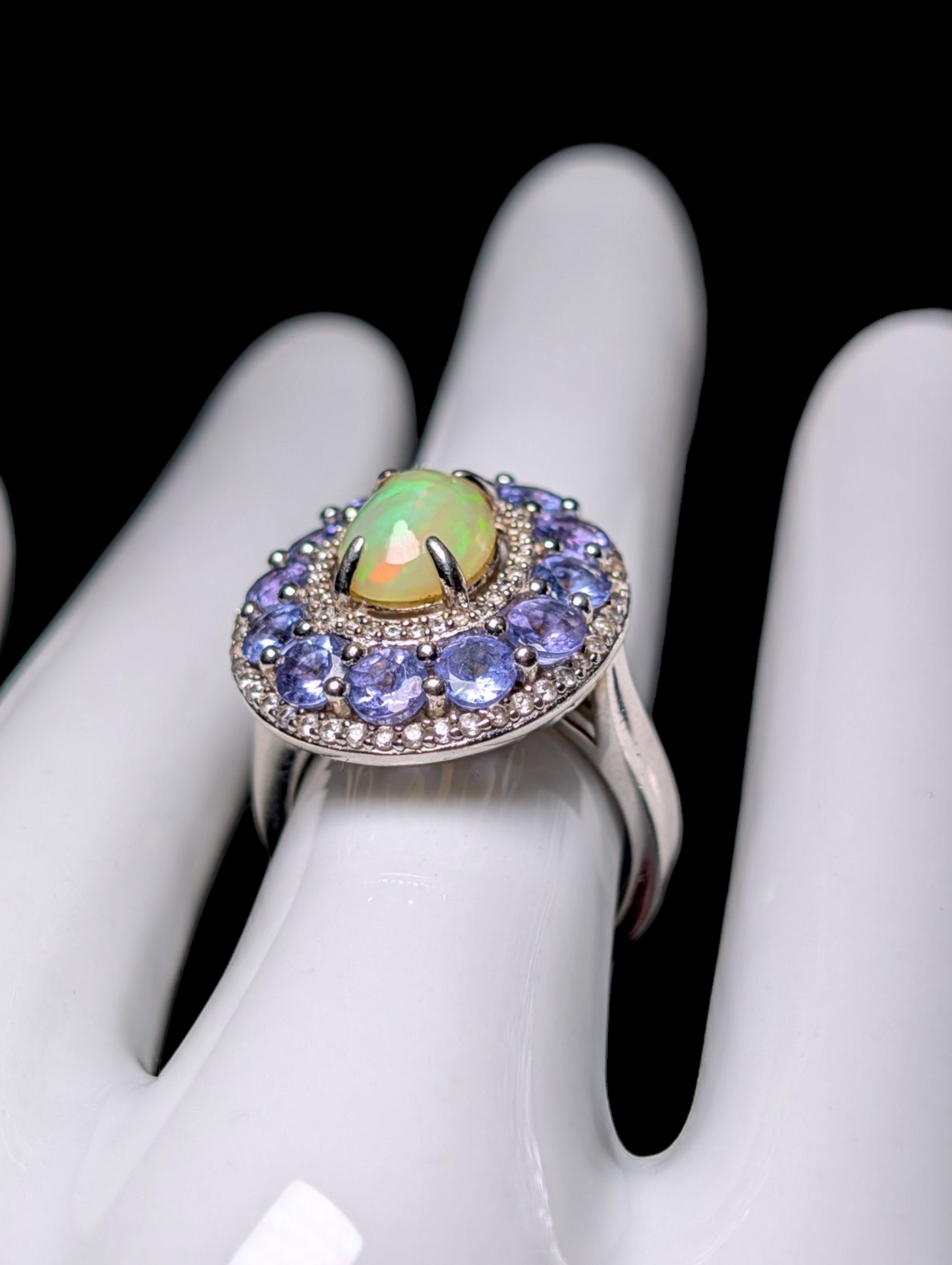 Vintage Designer Carol Brodie Genuine Ethiopian Fire Opal Solitaire With Double Tanzanite and White Zircon Halo Sterling Silver Ring