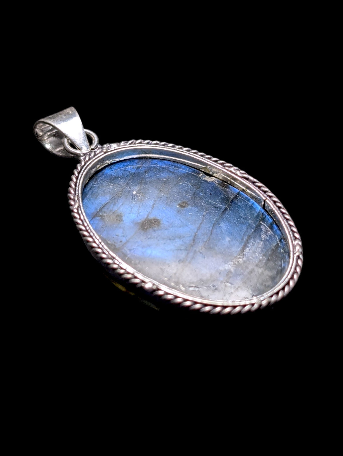 Vintage Large Genuine Blue Fire Labradorite Oval Solitaire Sterling Silver Pendant