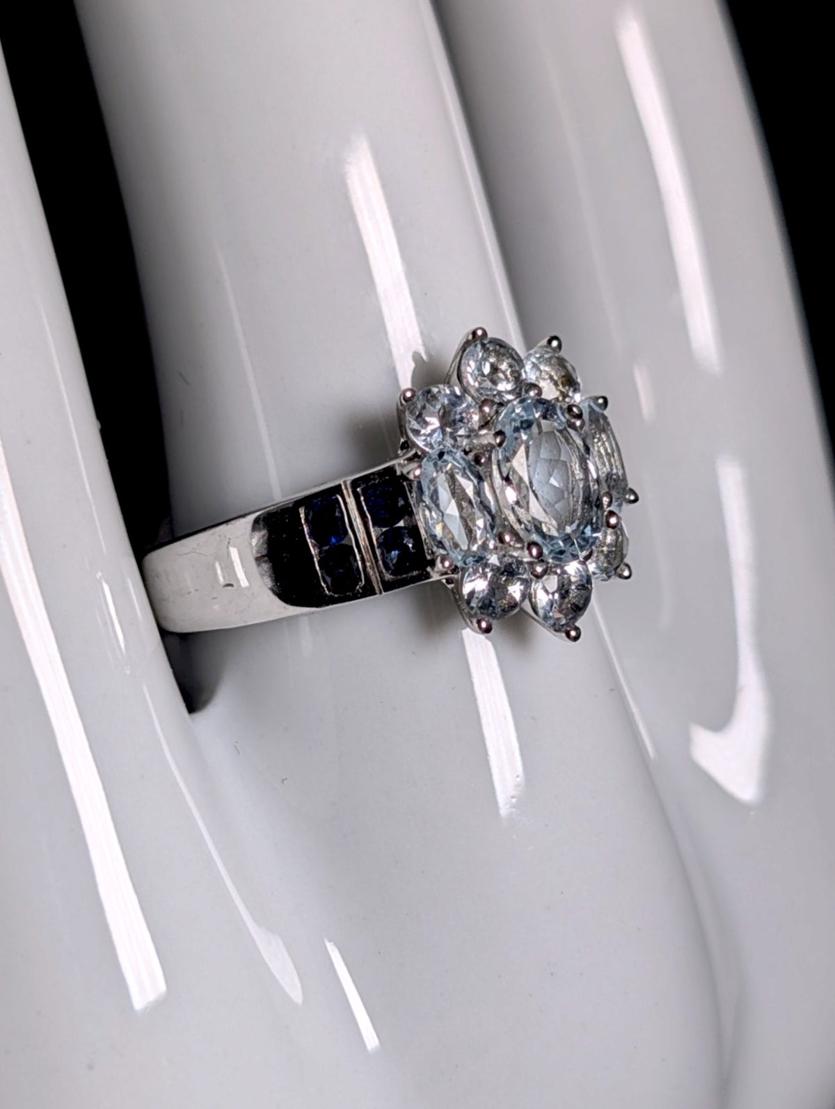 Vintage Starburst Genuine Aquamarine with Royal Blue Topaz Accents Sterling Silver Ring