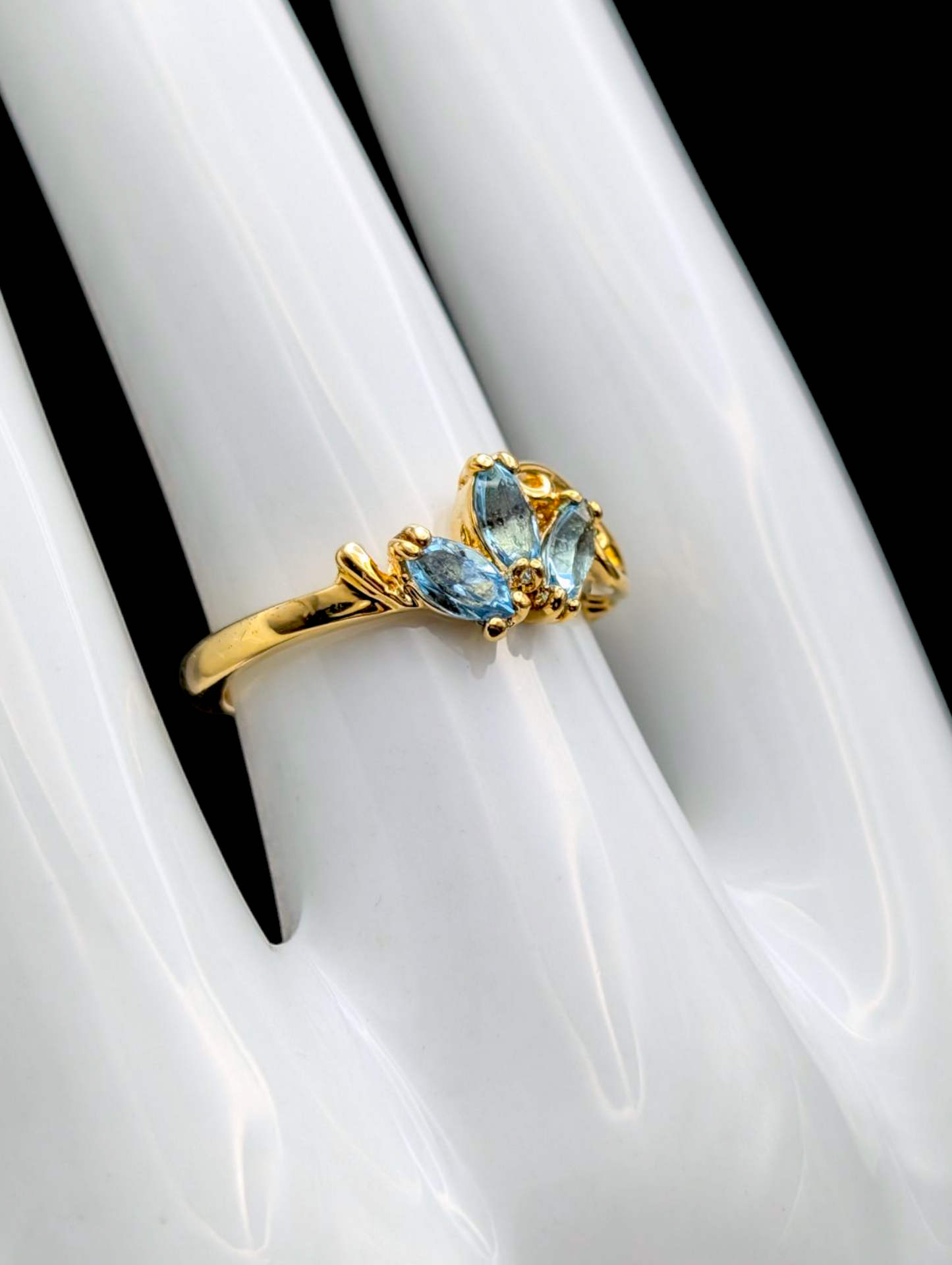 Vintage Simulated Swiss Blue Topaz Filigree Gold Tone Dainty Ring
