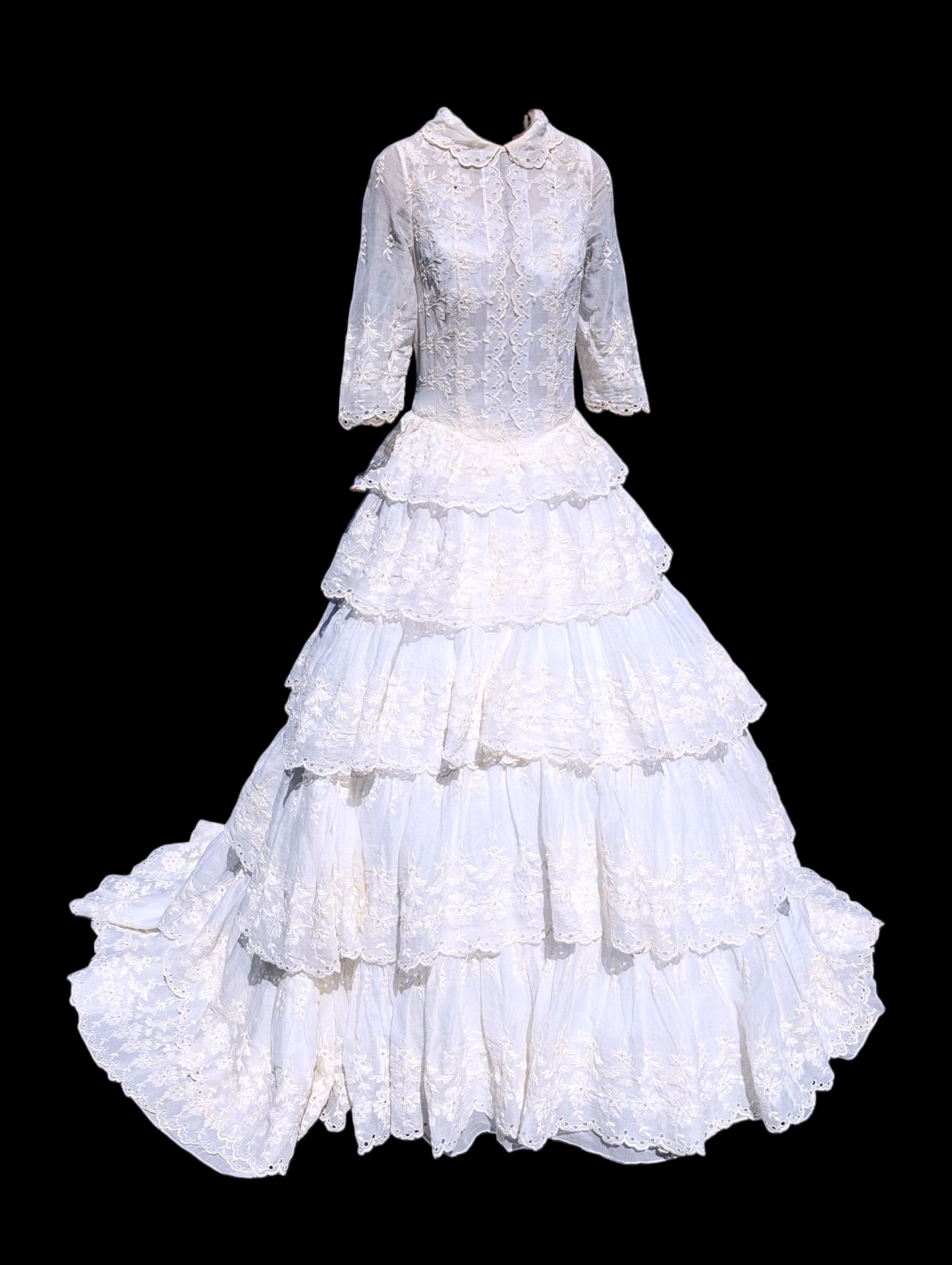 Vintage Eyelet Lace Multi Tiered Wedding Dress in White with Drop Wais –  HobbyBobbins