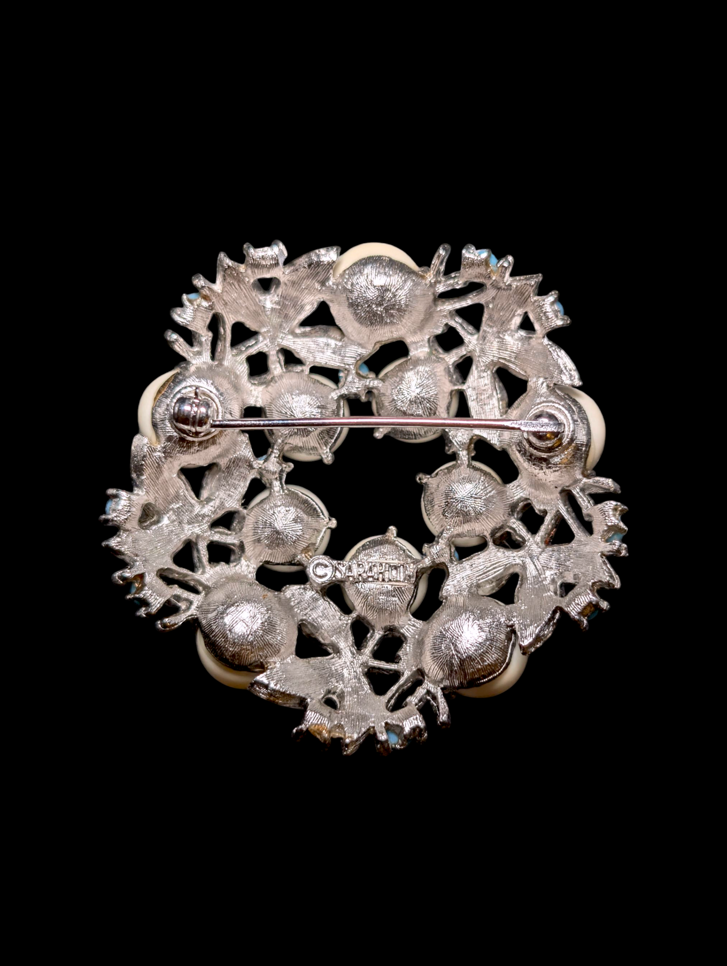 1960s Vintage Sarah Coventry Alaskan Summer Silver Toned Pearl and Turquoise Blue Beaded Wreath Brooch and Matching Earrings Set