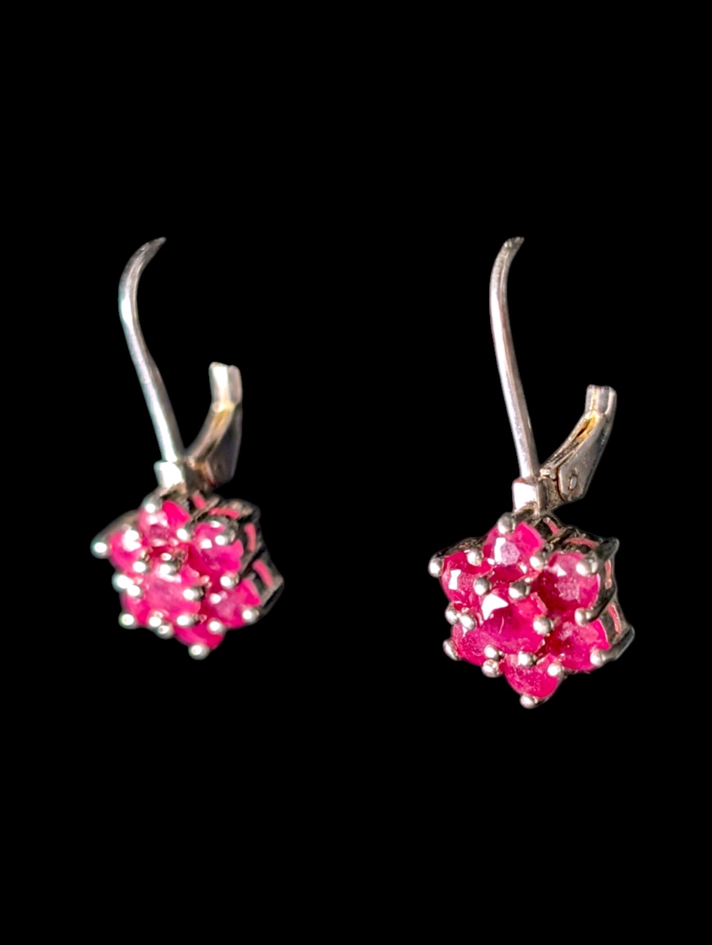 Vintage Genuine Ruby Flower Sterling Silver Dangle Earrings