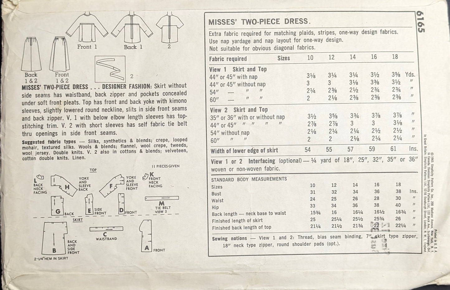 1960s - 1970s Original Vintage Sewing Pattern: Simplicity 6165 Size 12
