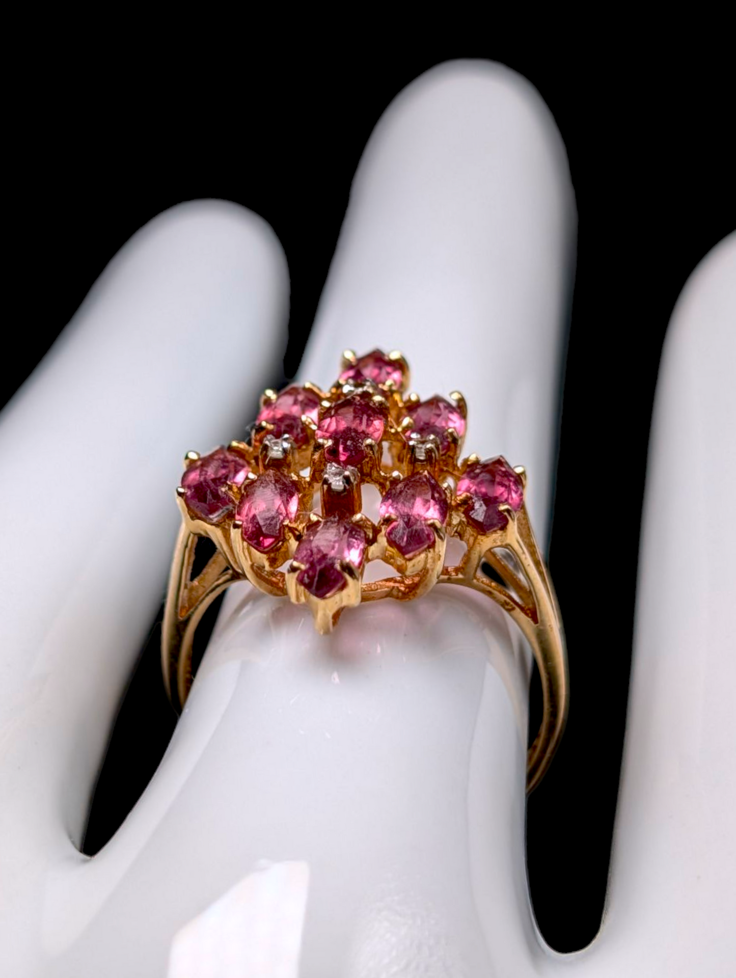 Vintage 14k Gold Genuine Pink Tourmaline and Diamond Cluster Waterfall Statement Ring