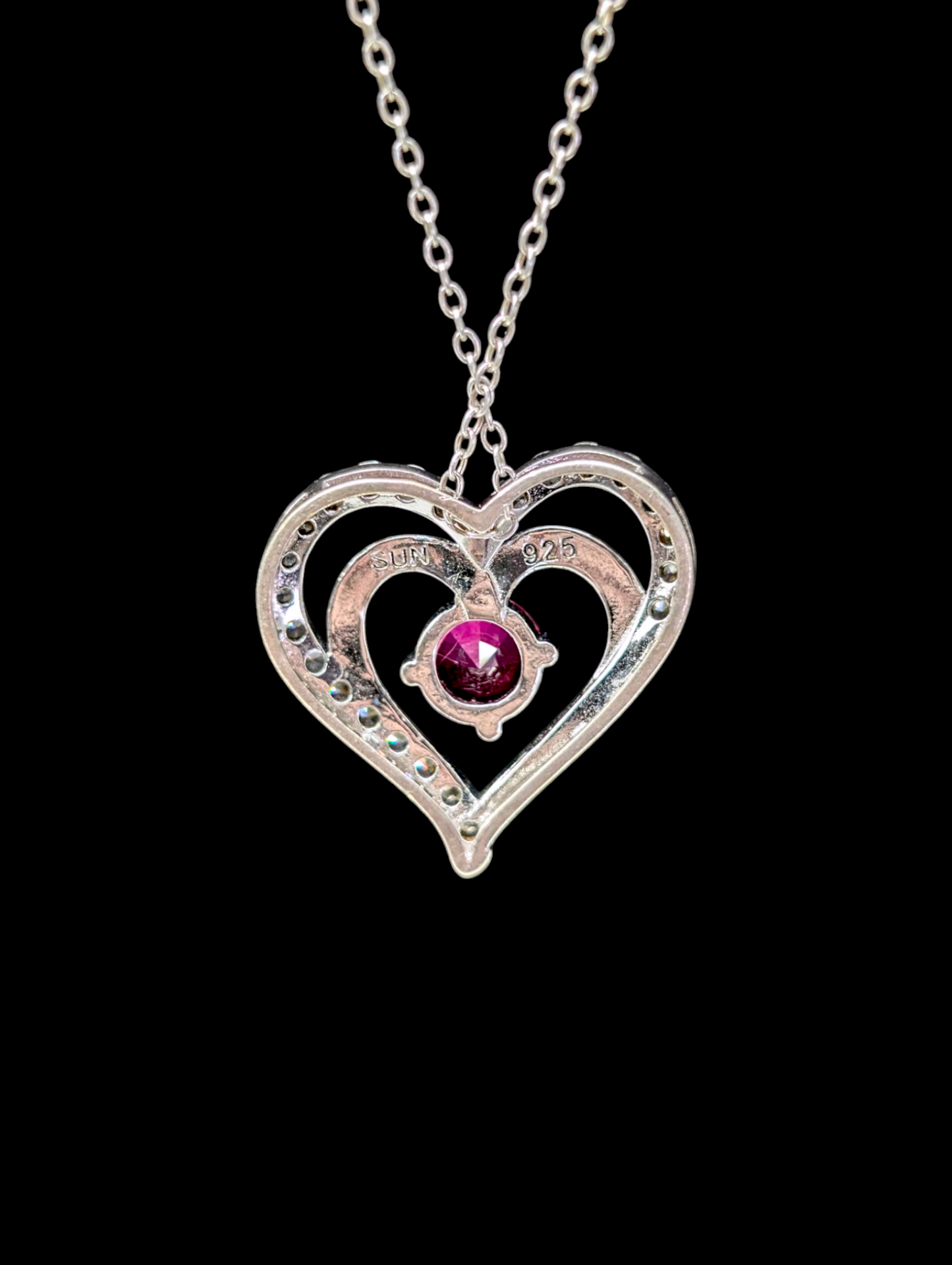 Vintage Double Heart Genuine Ruby and Simulated Diamond Sterling Silver Pendant