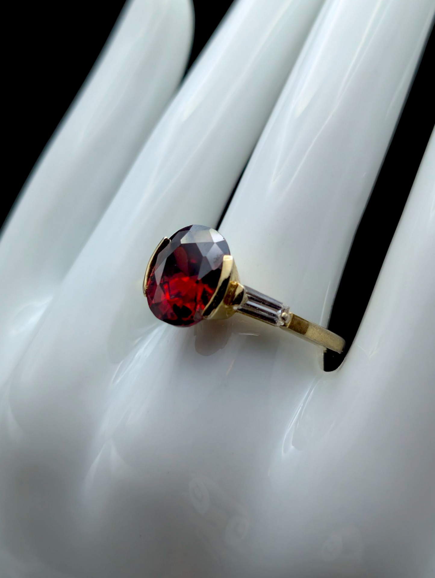 Vintage Oval Solitaire Simulated Ruby and Simulated Diamond Accented Gold Tone Statement Ring