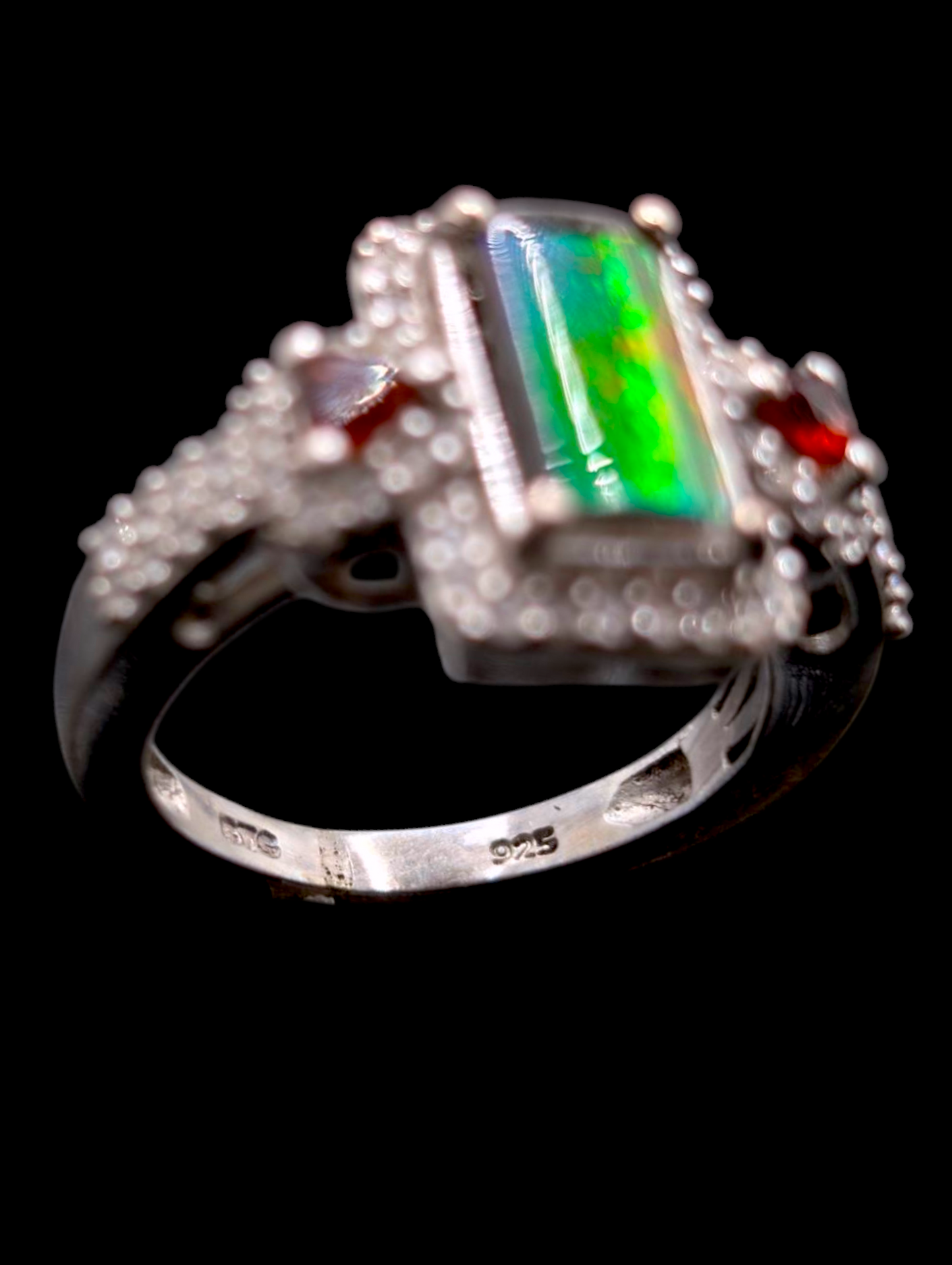 Vintage Genuine Ammolite, Garnet, and White Topaz Statement Halo Sterling Silver Ring