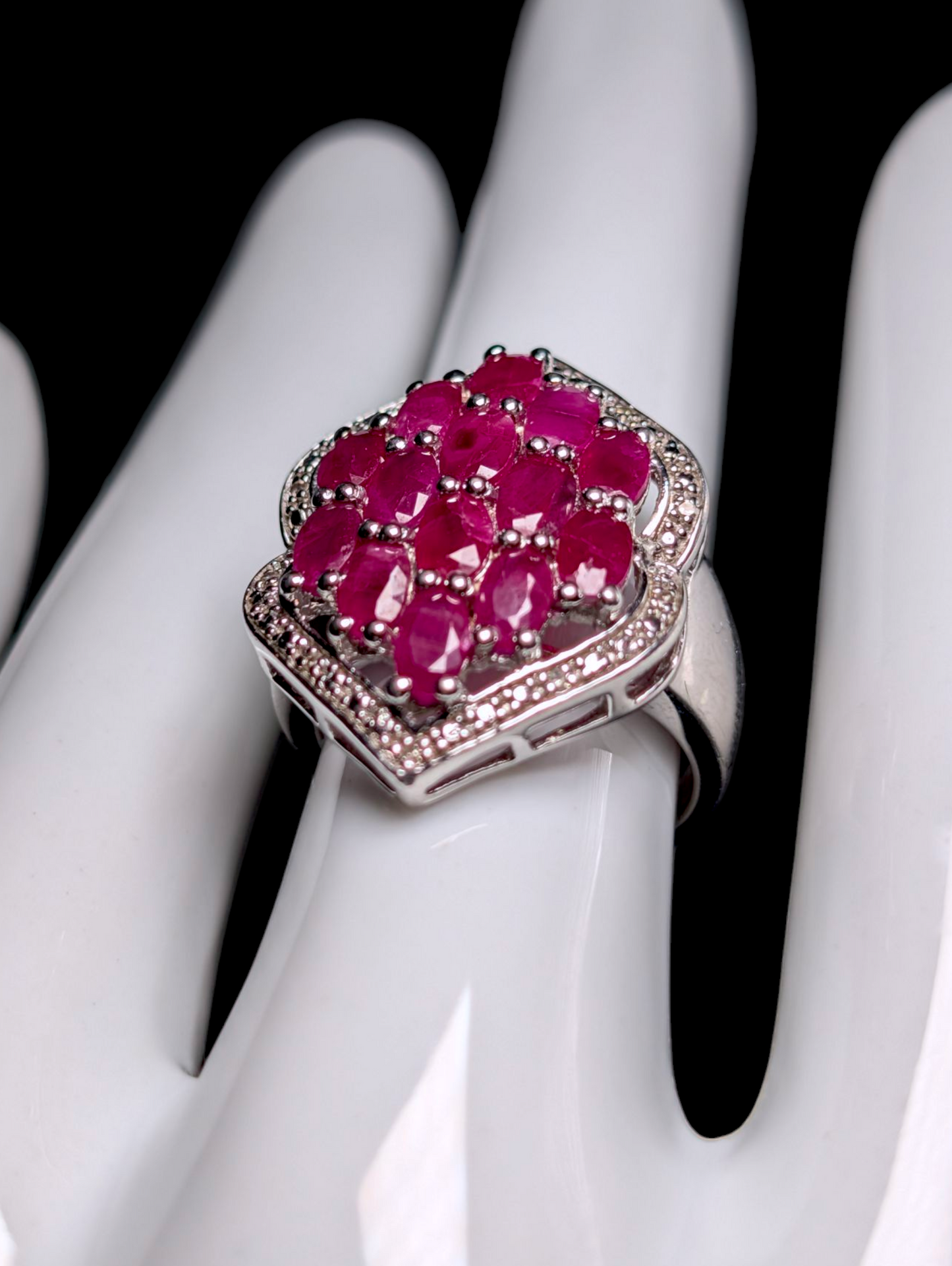 Vintage 3 Carat Earth Mined Genuine Ruby and Diamond Halo Sterling Silver Cluster Statement Ring