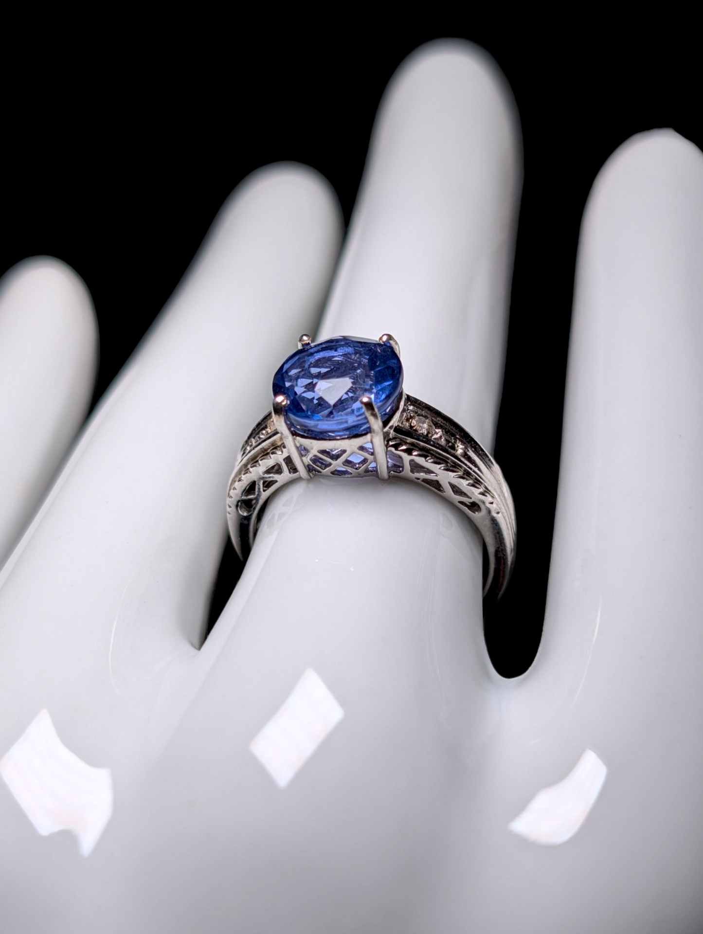 Vintage Round Brilliant Cut Genuine Fluorite Solitaire and Diamond Accent Sterling Silver Ring