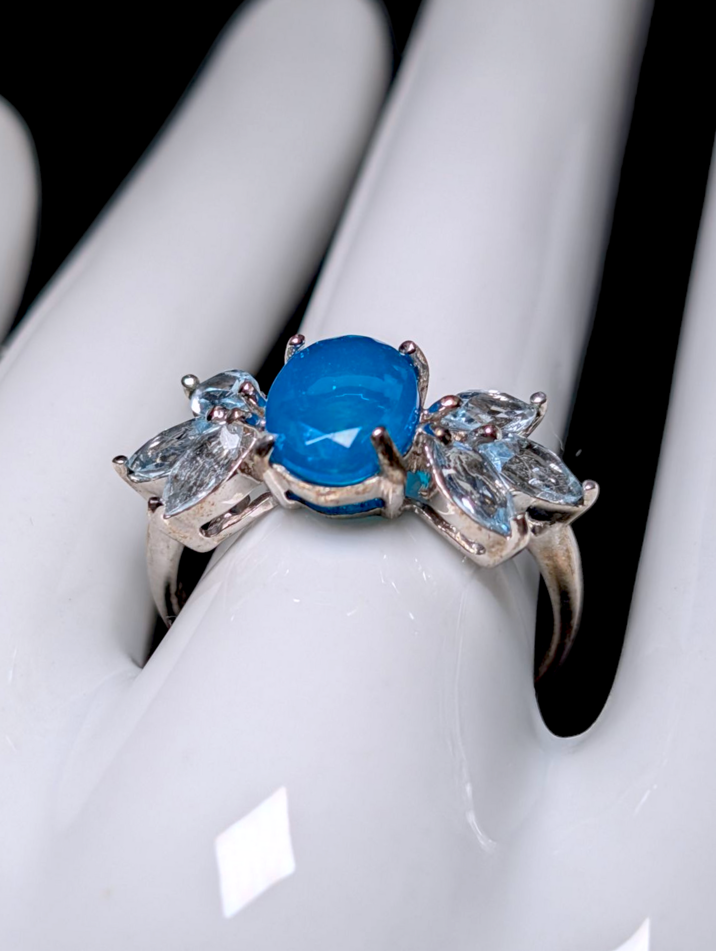 Vintage Oval Cut Genuine Blue Opal Solitaire with Sky Blue Topaz Wing Accent Stones Sterling Silver Ring