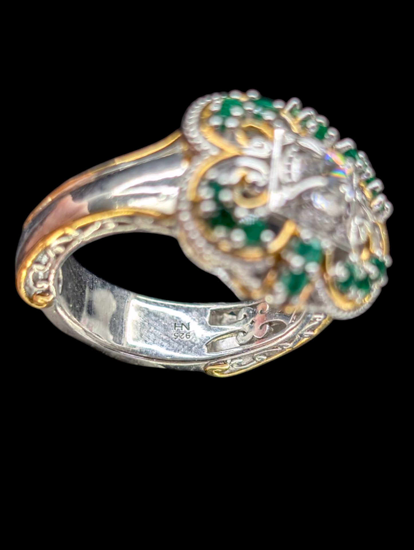 Edwardian Inspired 18k Gold Vermeil Genuine Emerald and Zircon Sterling Silver Ring