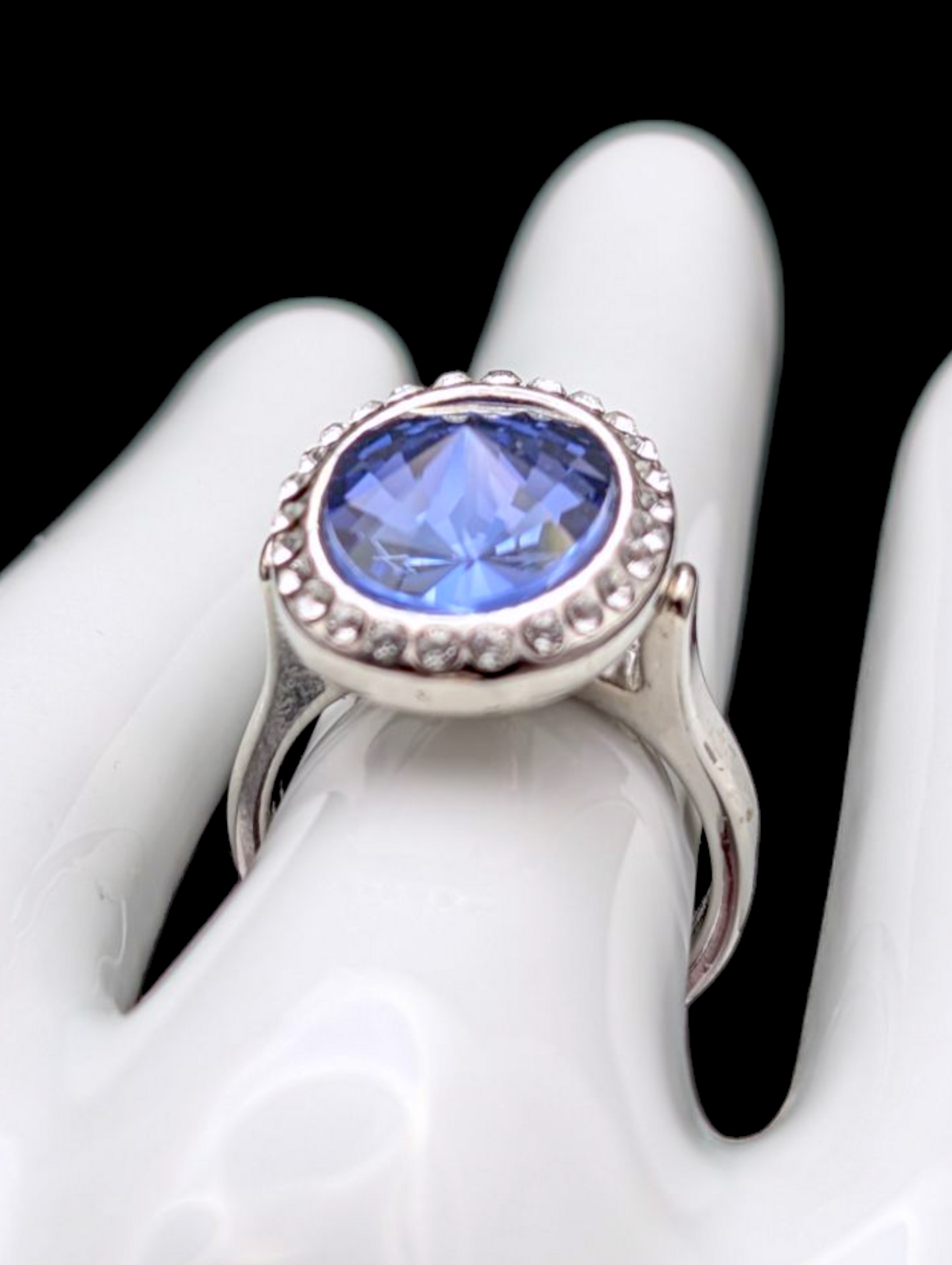 Vintage Swarovski Unique Simulated Sapphire and Simulated Diamond Halo Silver Toned Statement Ring