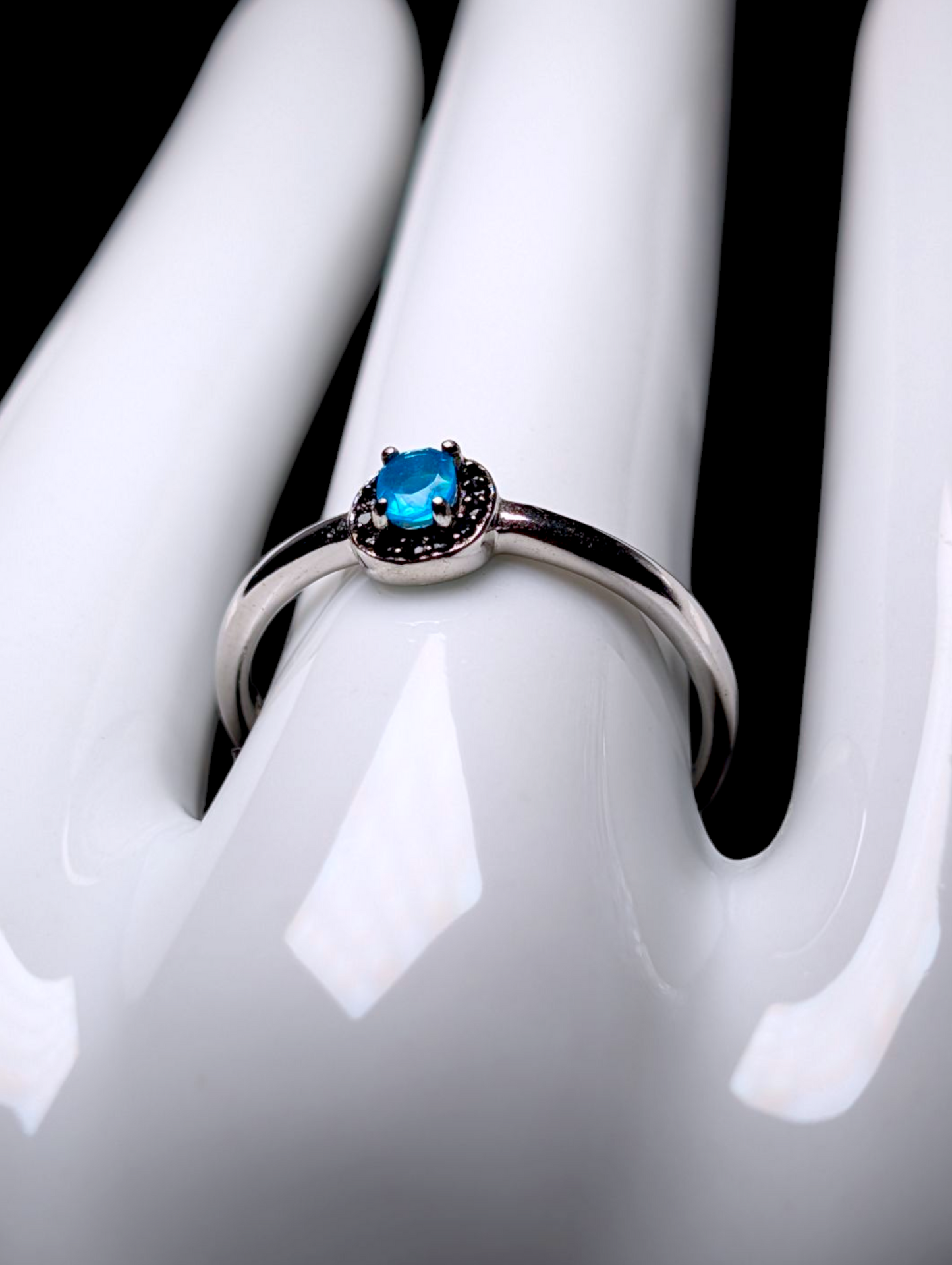 Vintage Dainty Oval Cut Genuine Blue Opal Solitaire with Black Onyx Halo Sterling Silver Stackable Ring