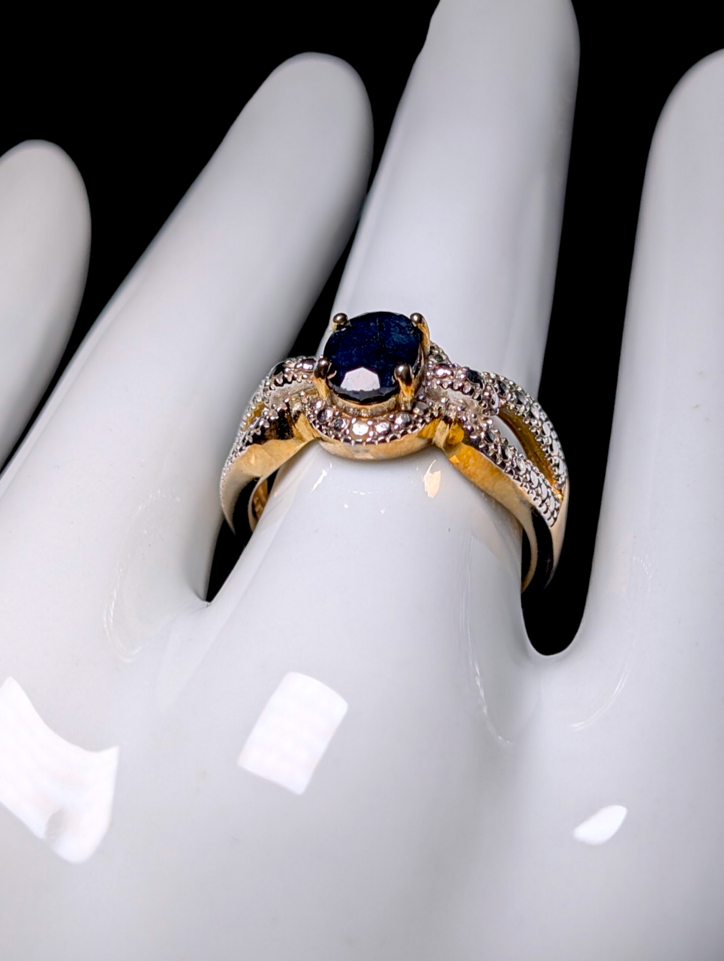 Vintage Dee Berkley Oval Cut Genuine Blue Sapphire Solitaire with Diamond Accented Halo 18kt Yellow Gold over Sterling Silver Ring