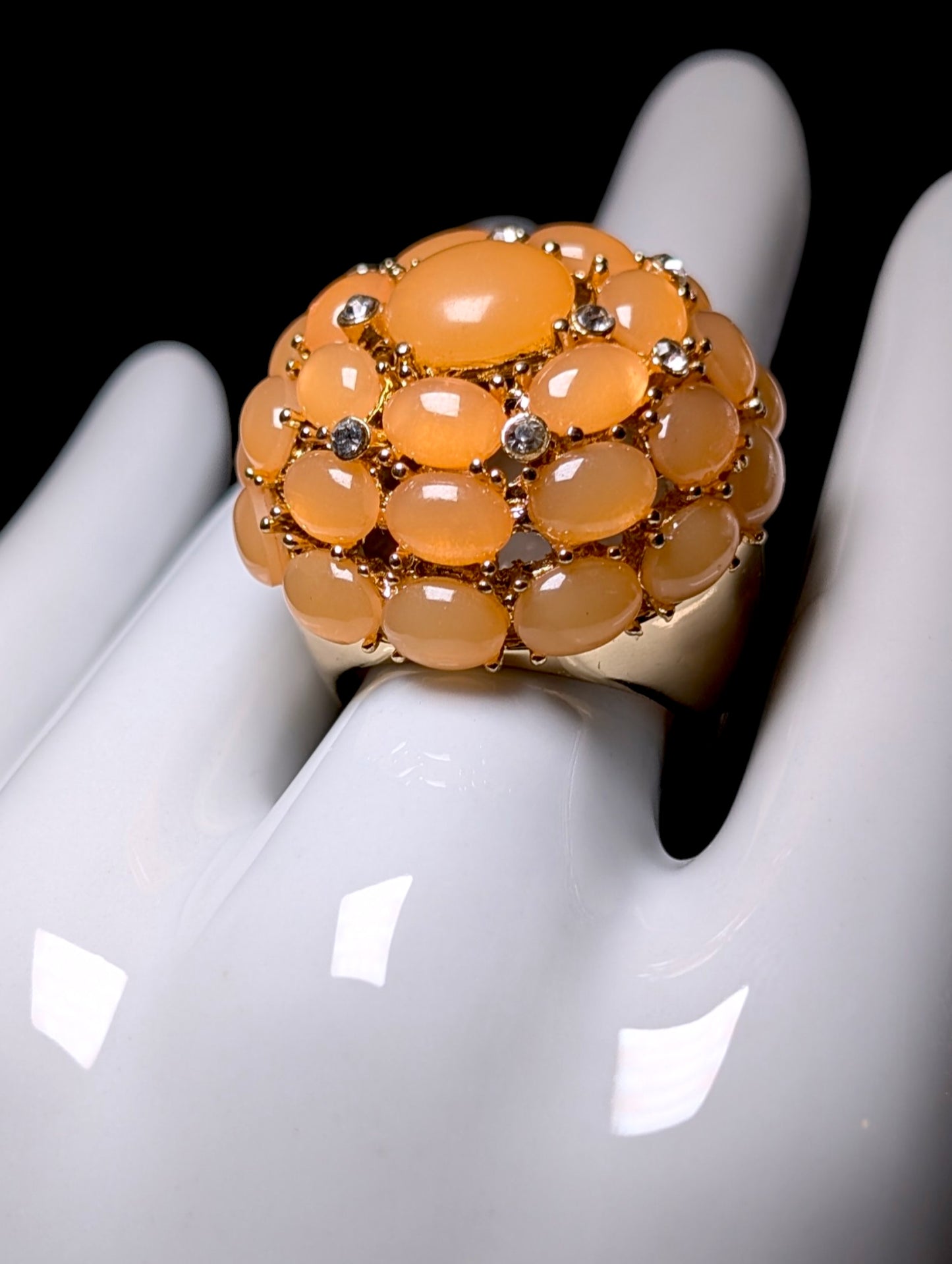 Vintage Orange Cabochon and Rhinestone Cocktail Gold Toned Ring