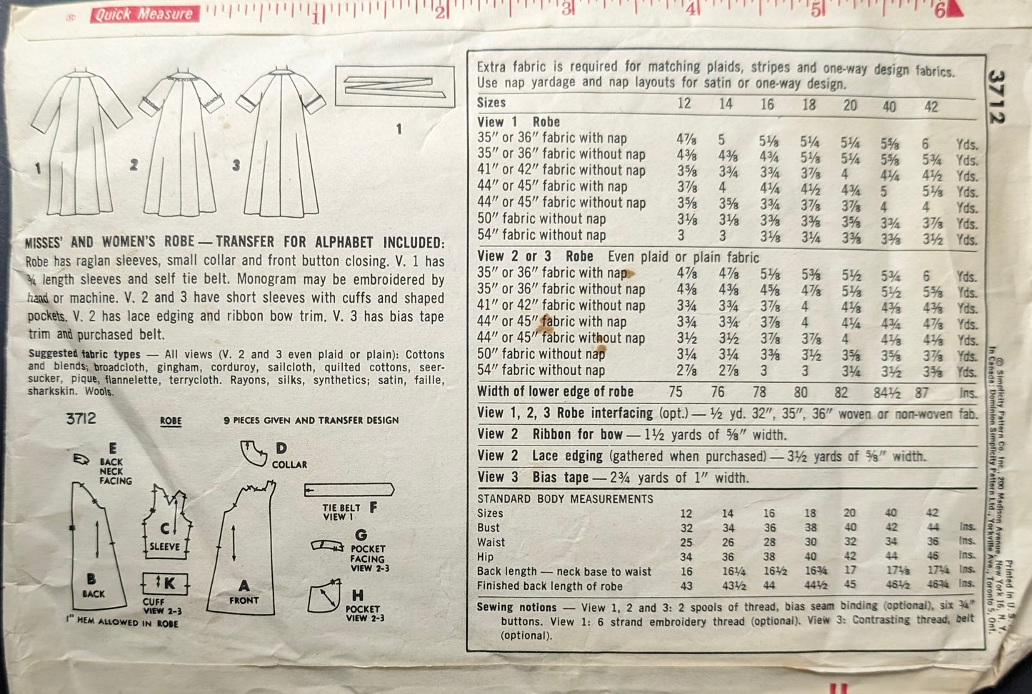 1950s - 1960s Original Vintage Sewing Pattern: Simplicity 3712 Size 12