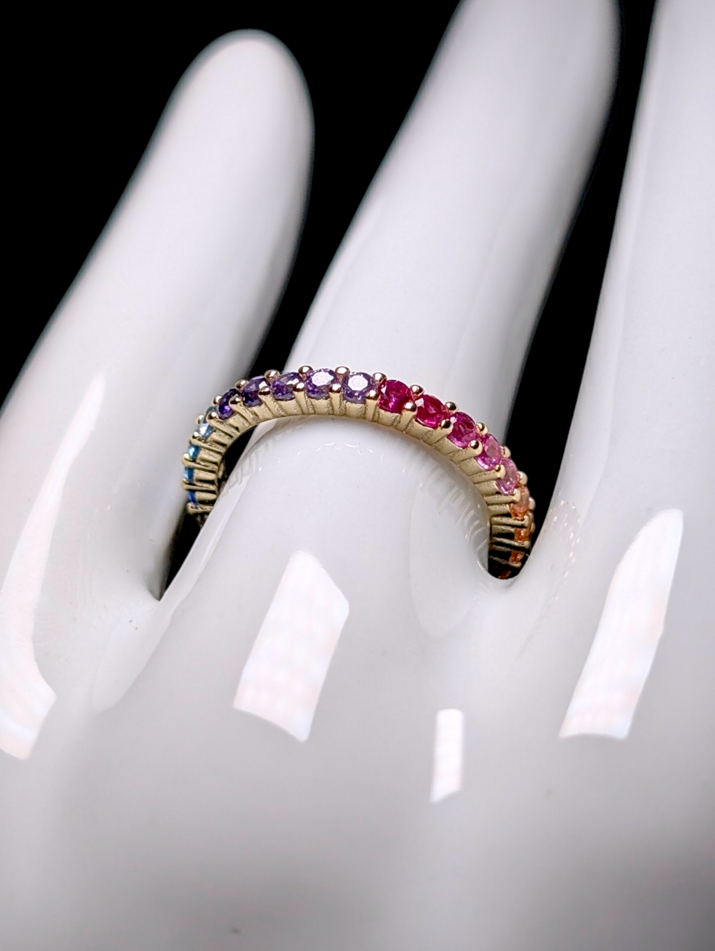 Vintage Rainbow Multi-Gemstone Round Cut Genuine Ruby, Tourmaline, Sapphire Yellow Gold over Sterling Eternity Band Ring