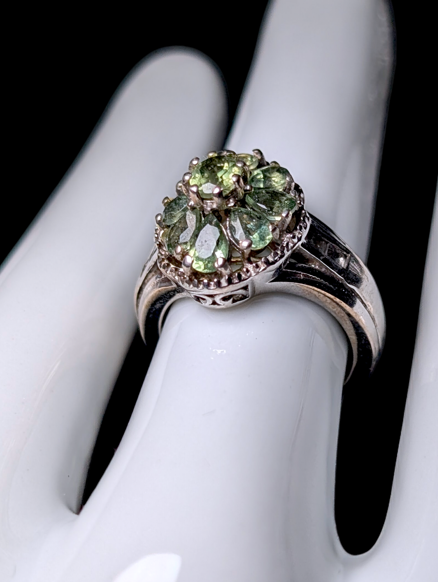 Vintage Cluster Genuine Green Apatite with White Zircon Accent Stones Sterling Silver Ring