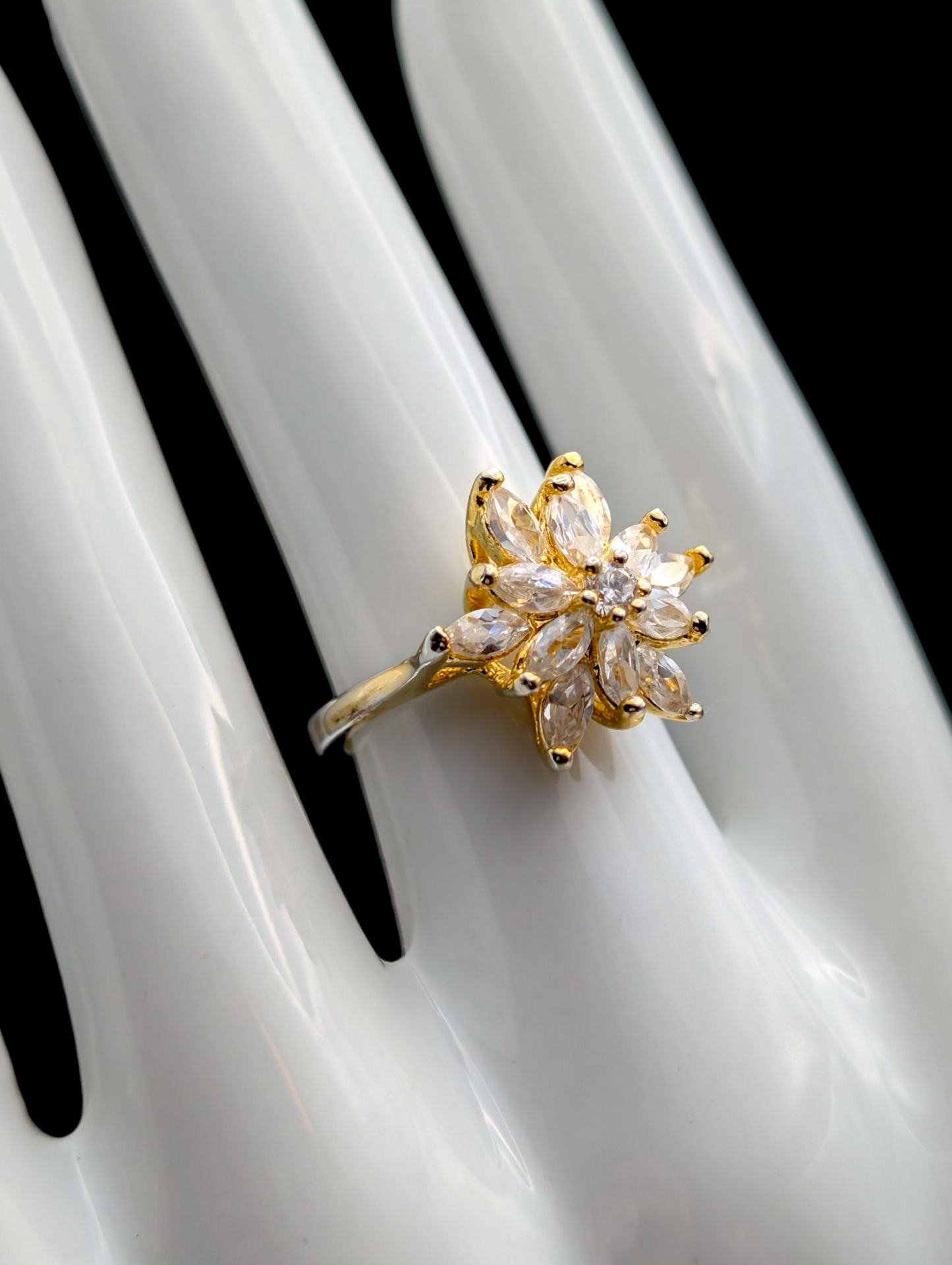 Vintage Flower Simulated Diamond Gold Tone Statement Vacation Ring
