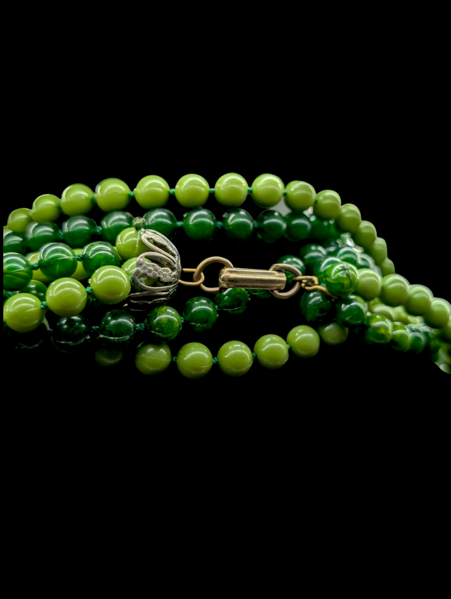 1960s Vintage Lime and Olive Green Multi-Strand Acrylic Beaded Necklace