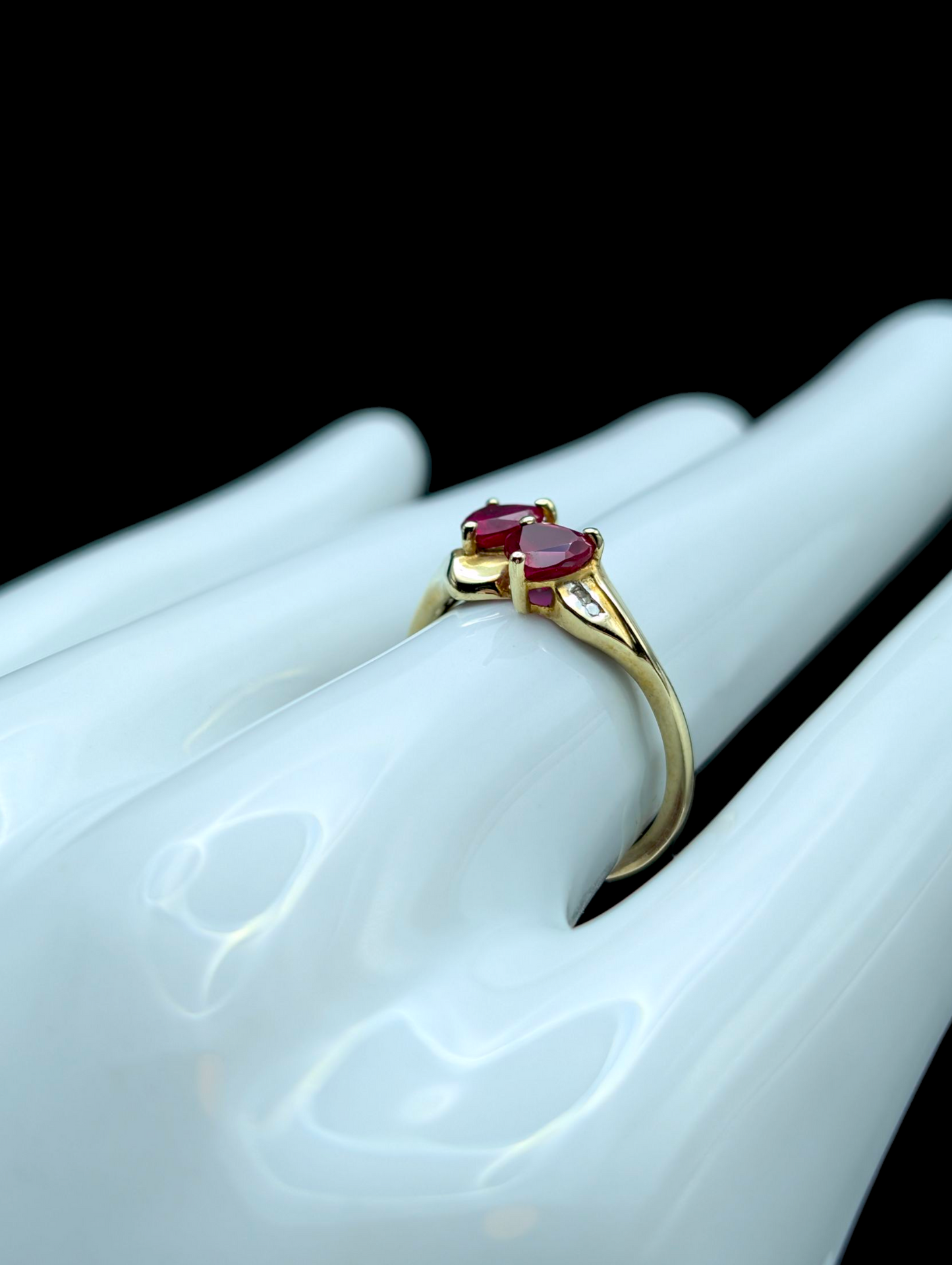 Vintage 10k Solid Yellow Gold Genuine Ruby and Diamond Accent Twin Heart Ring