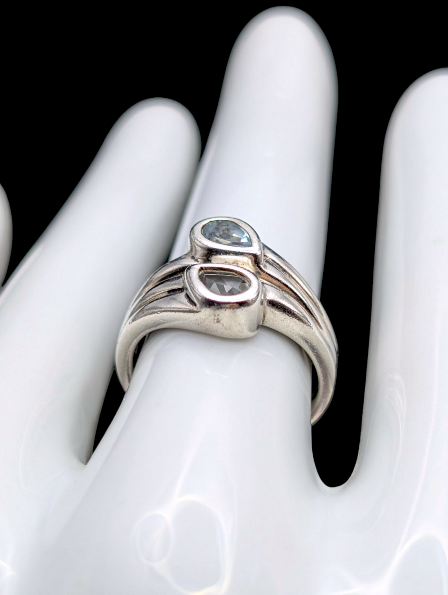 Vintage Double Pear Cut Genuine Blue and White Topaz Bezel Set Bypass Sterling Silver Ring