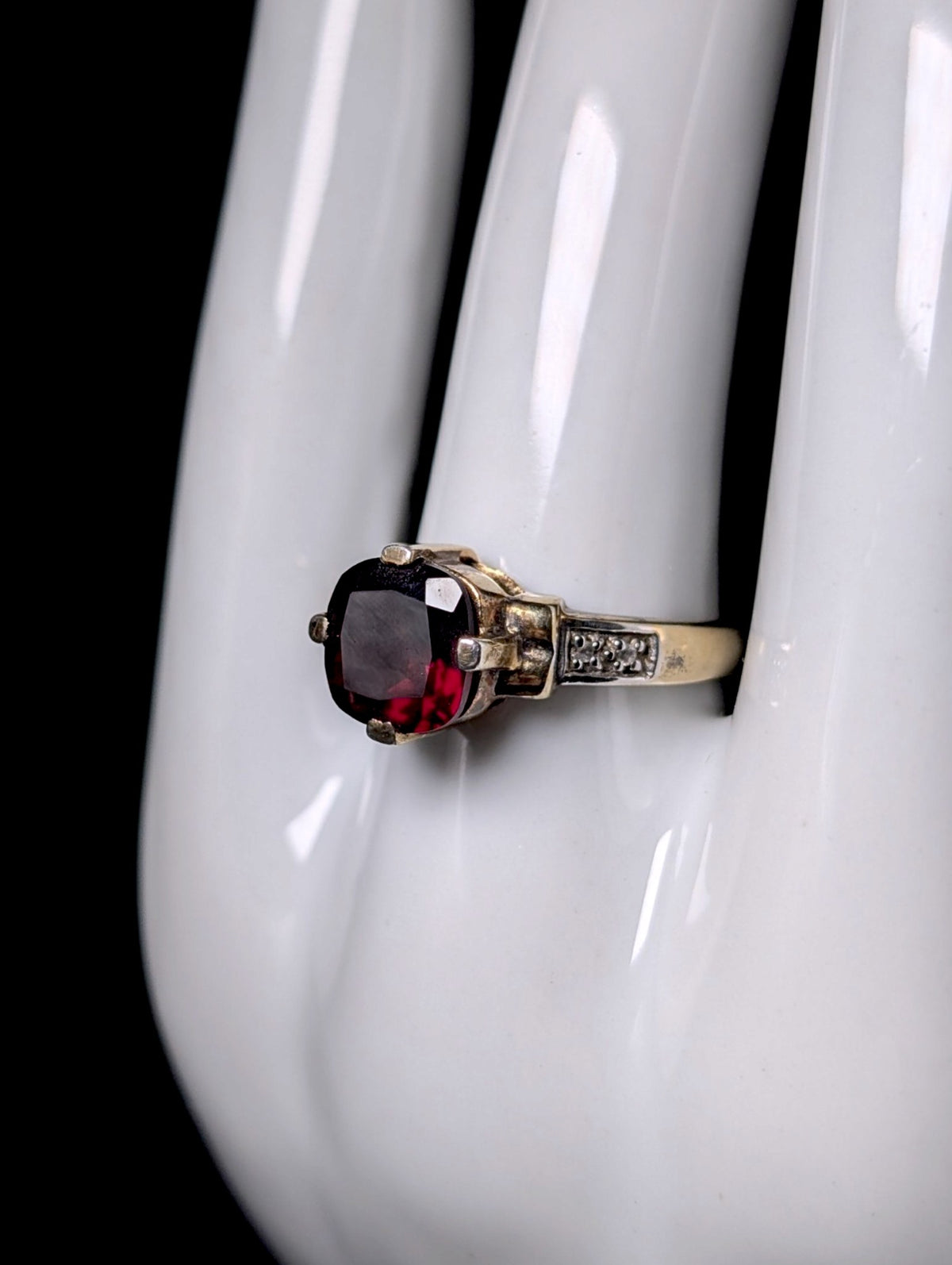Vintage Cushion Cut Genuine Garnet Solitaire, White Topaz Accents Gold over Sterling Ring
