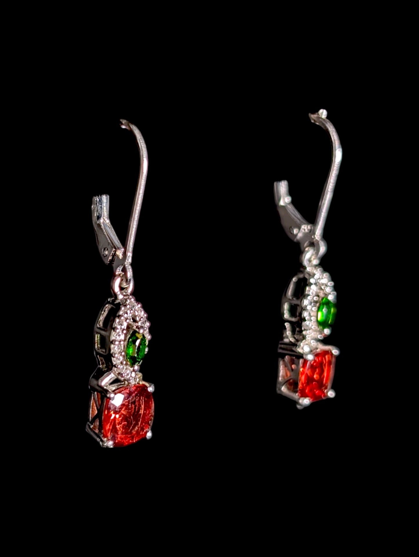 Vintage Genuine Hessonite Garnet, Chrome Diopside and White Zircon Dangle Drop Sterling Silver Earrings