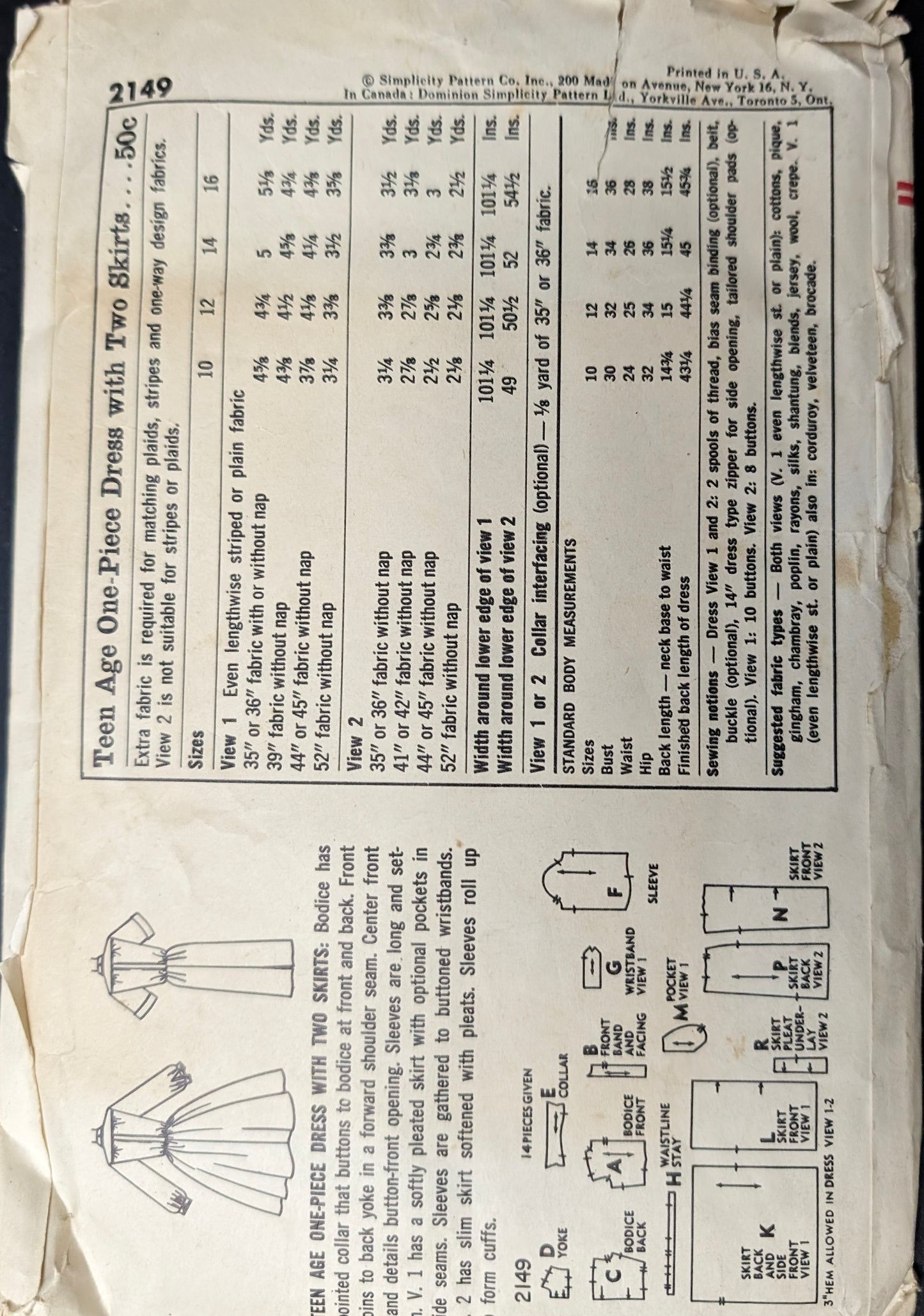 1950s - 1960s Original Vintage Sewing Pattern: Simplicity 2149 Size 10