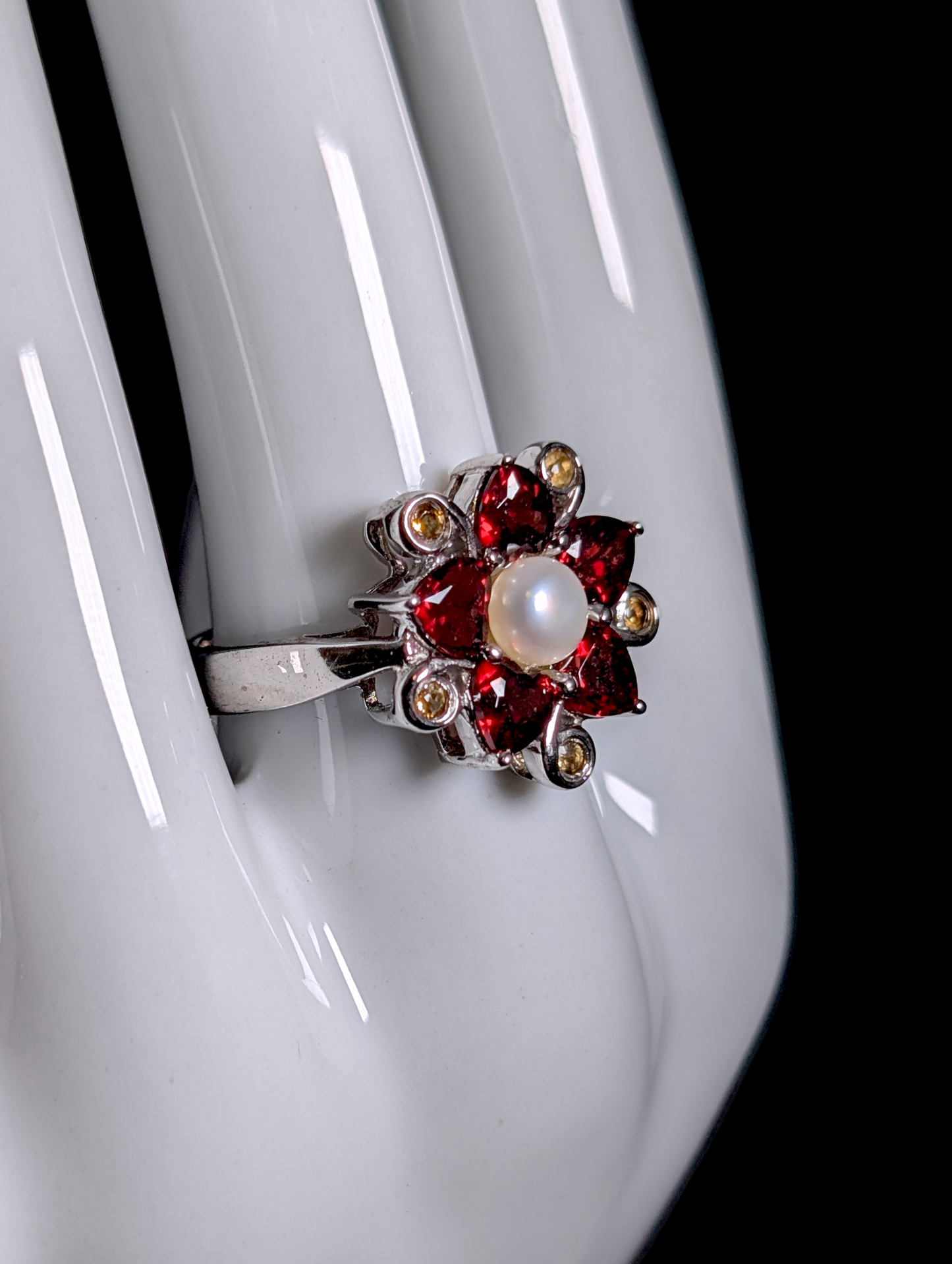 Vintage Flower Motif Verified Garnet, Citrine and Pearl Sterling Silver Ring