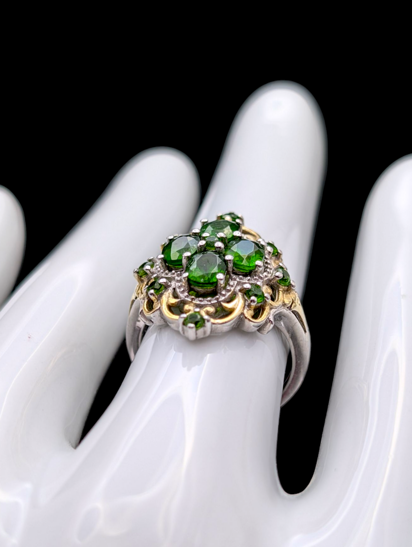 Vintage 14k Yellow Gold Filigree Cluster Earth Mined Genuine Chrome Diopside Sterling Silver Ring