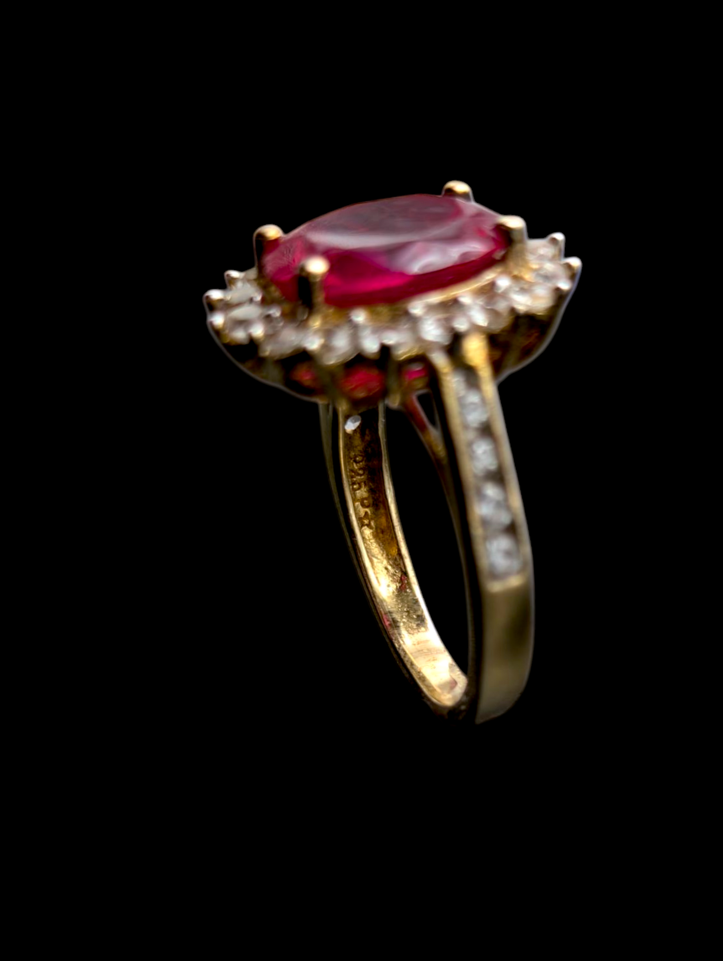 Vintage Oval Cut Genuine Ruby Solitaire with White Sapphire Halo 18k Gold Vermeil Statement Ring