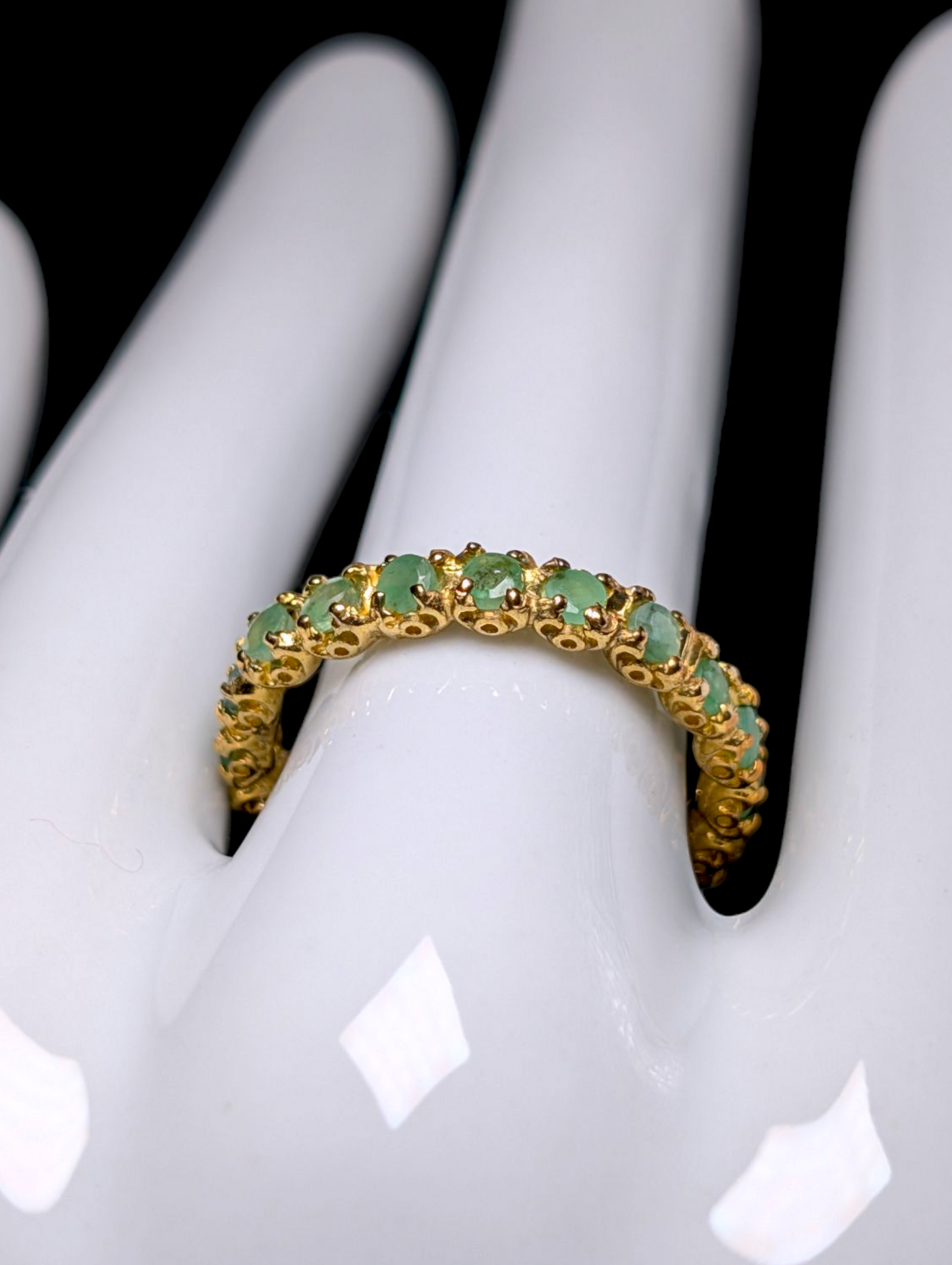 Vintage Inspired Round Cut Earth Mined Genuine Emerald 14k Yellow Gold over Sterling Eternity Band Ring