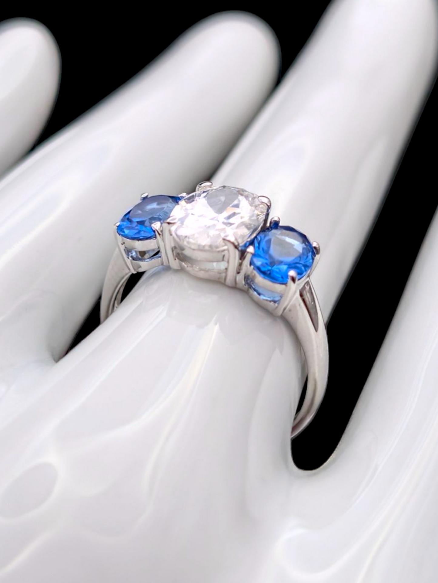 Vintage Oval Cut Tri-Stone Simulated Blue Sapphire and Simulated Diamond Silver Toned Ring