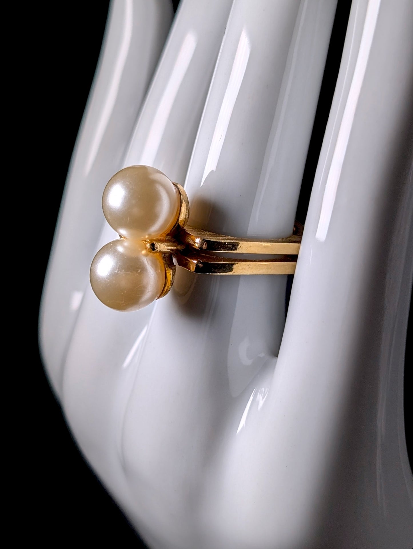 Vintage Double Faux Pearl Two Band Gold Toned Ring
