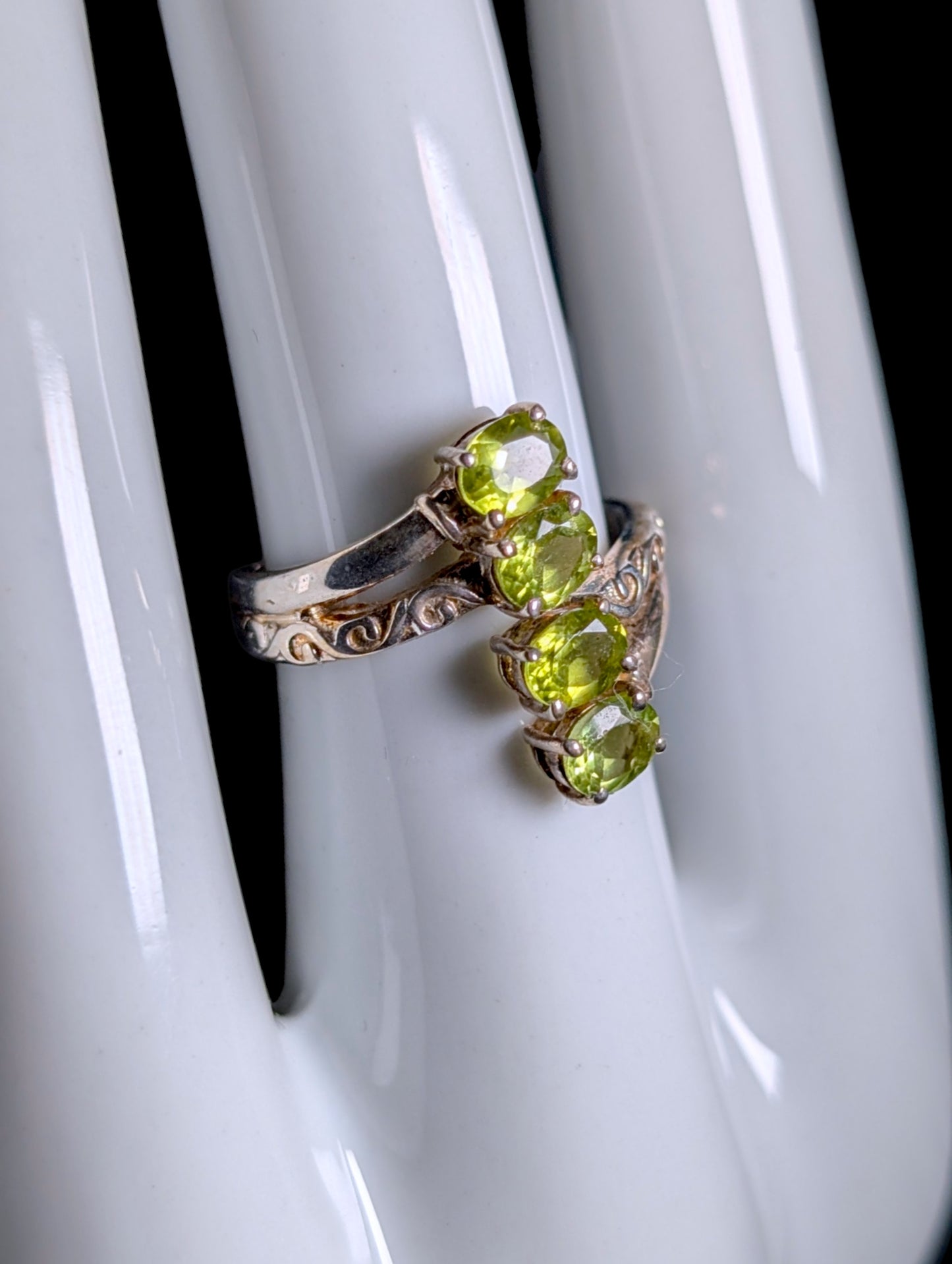 Vintage 4 Stone Genuine Peridot Antique Gold Tone over Sterling Wrap Ring