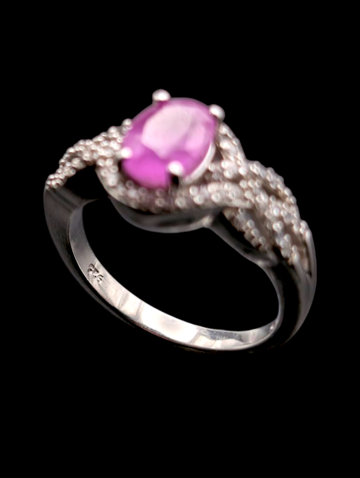 Vintage Oval Cut Earth Mined Genuine Pink Sapphire Ruby Solitaire and White Topaz Halo Sterling Silver Ring
