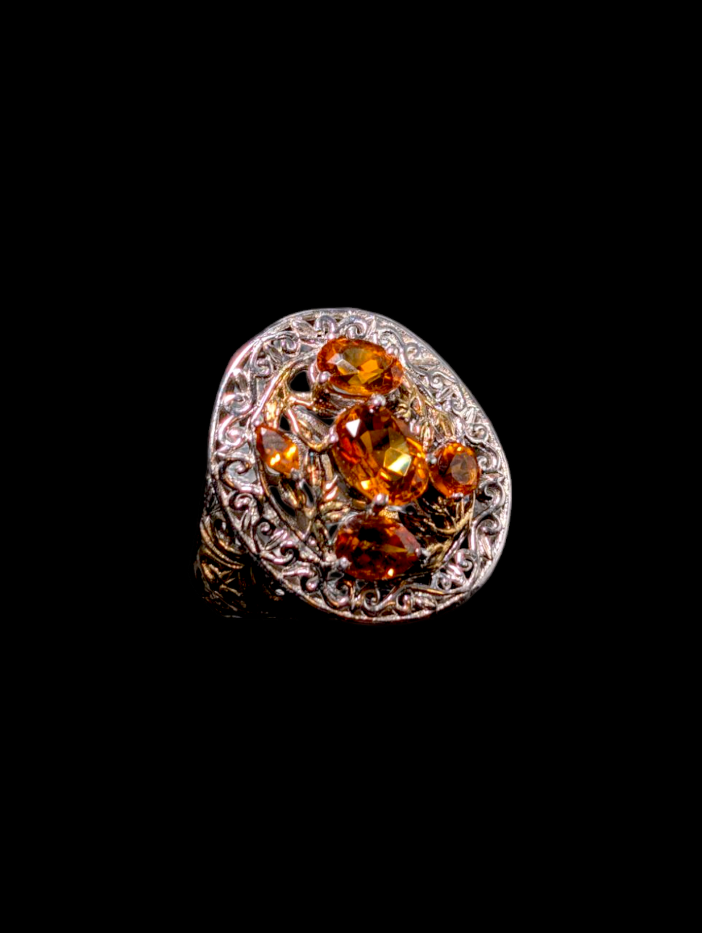 Vintage Multi-Cut Genuine Madeira Citrine 14k Gold Filigree and Sterling Silver Ring