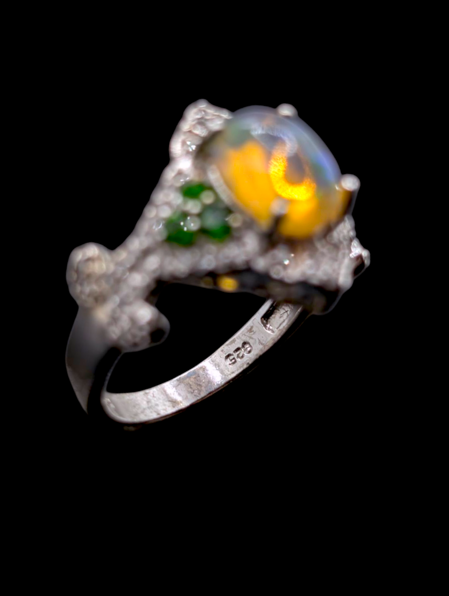 Vintage Genuine Mexican Fire Opal and White Topaz Halo with Green Chrome Diopside Accented Sterling Silver Ring
